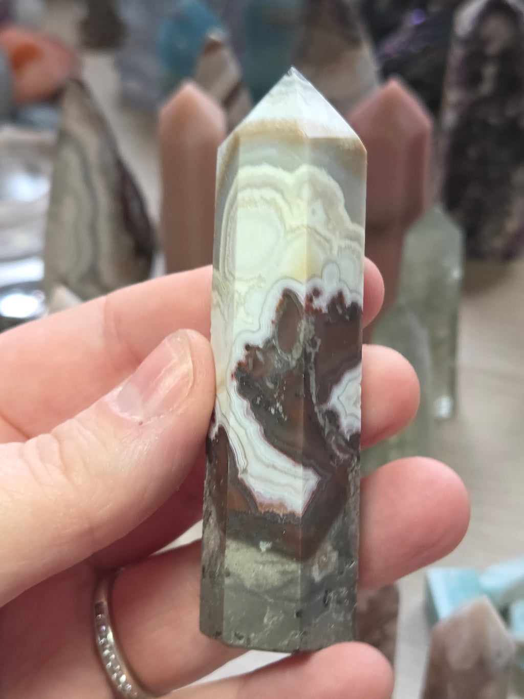 Mexican crazy agate crystal tower carving