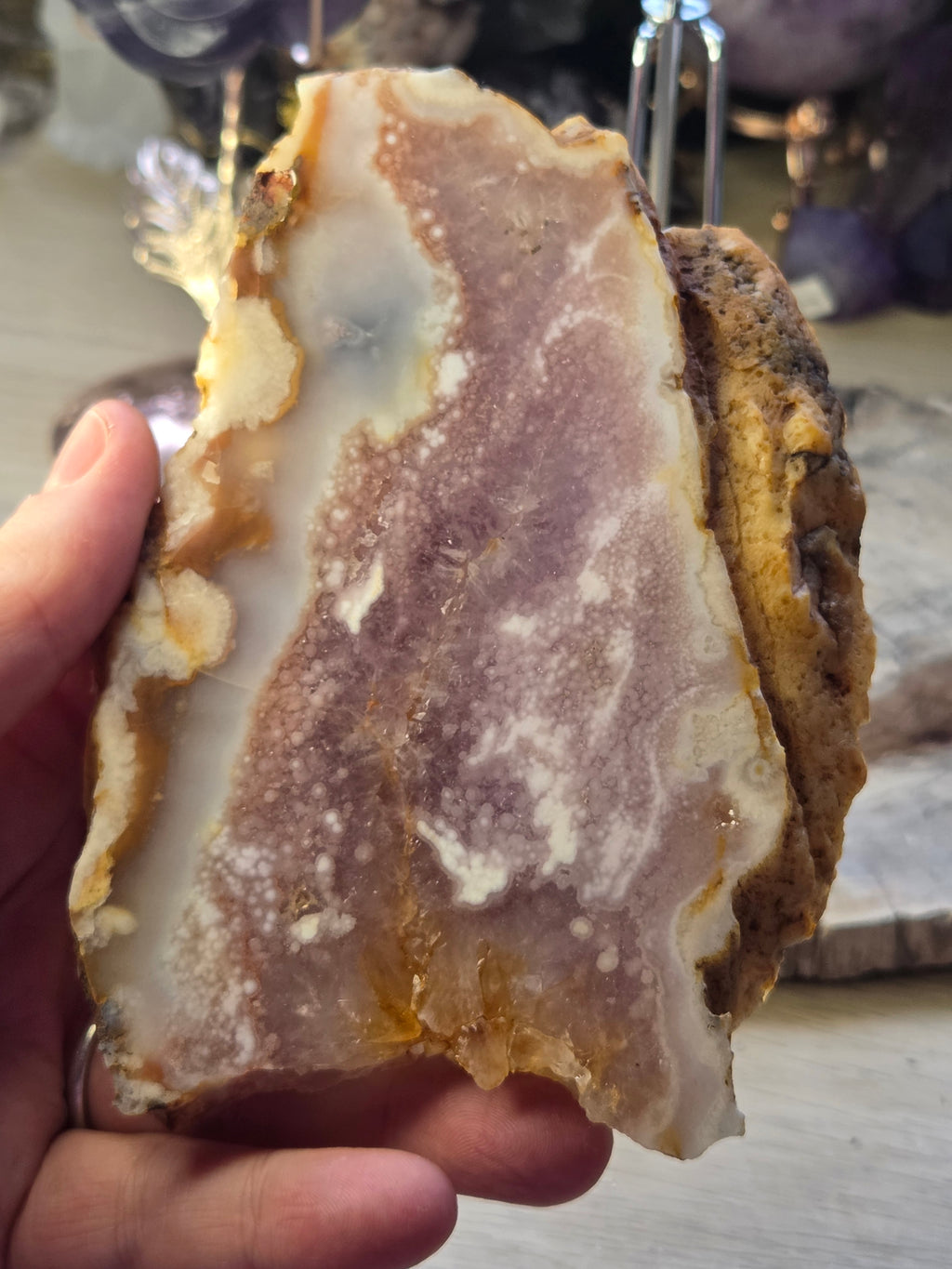 Rare pink flower amethyst crystal slice