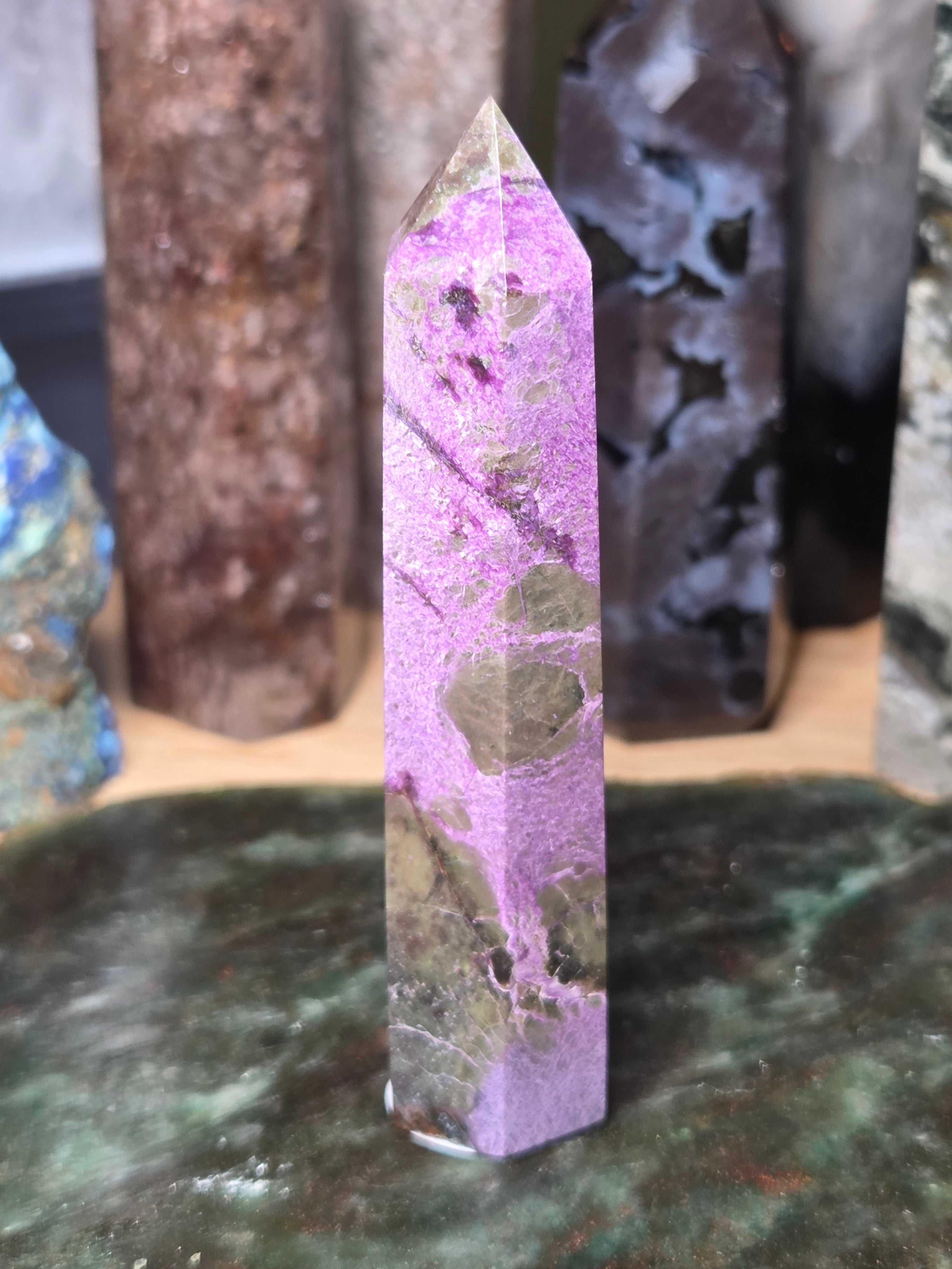 Purple stichtite crystal tower