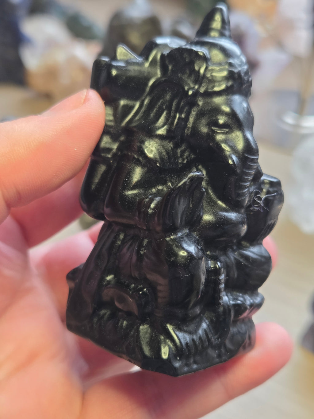 Obsidian crystal Ganesha carving