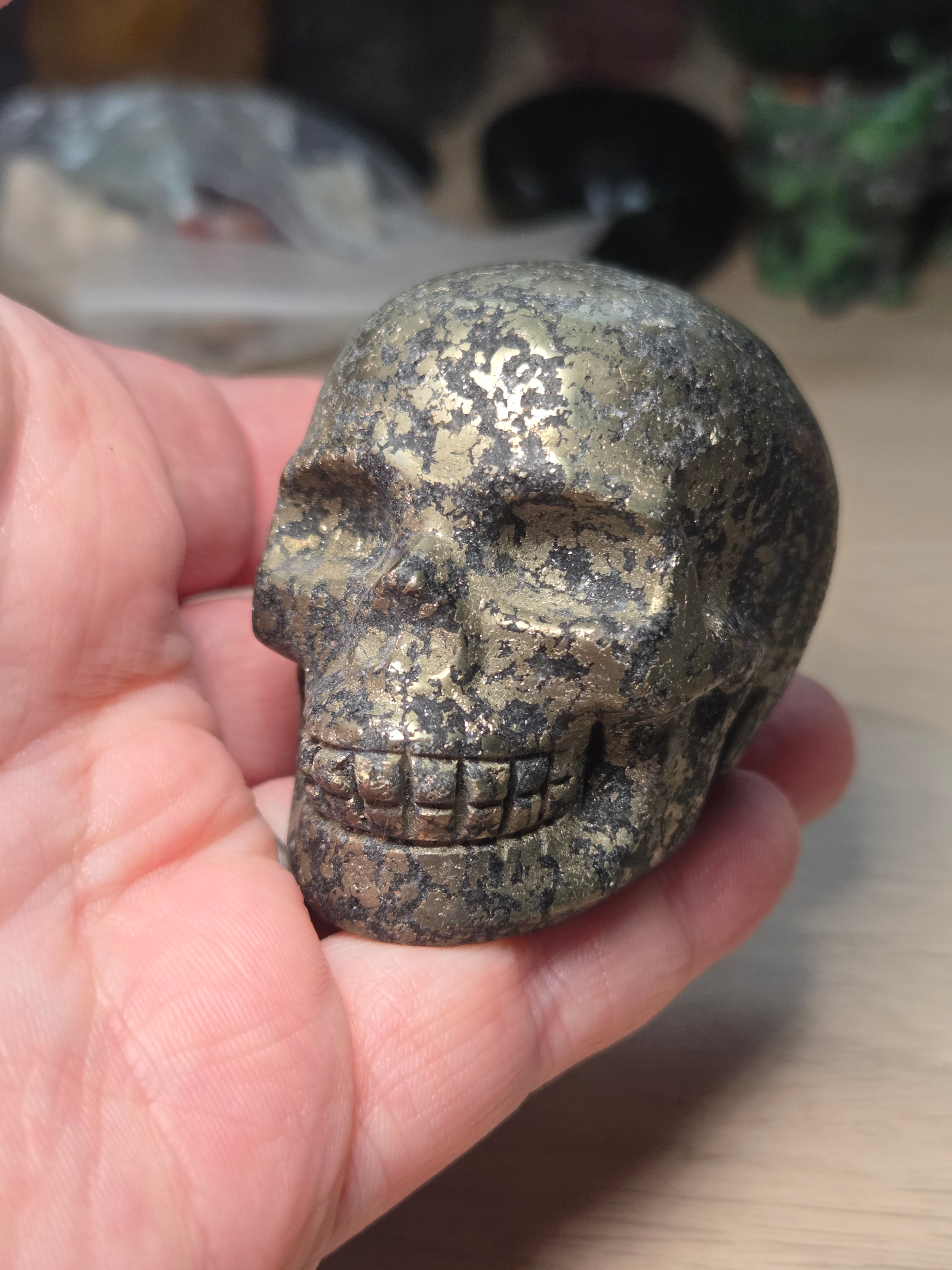 Pyrite crystal skull carving