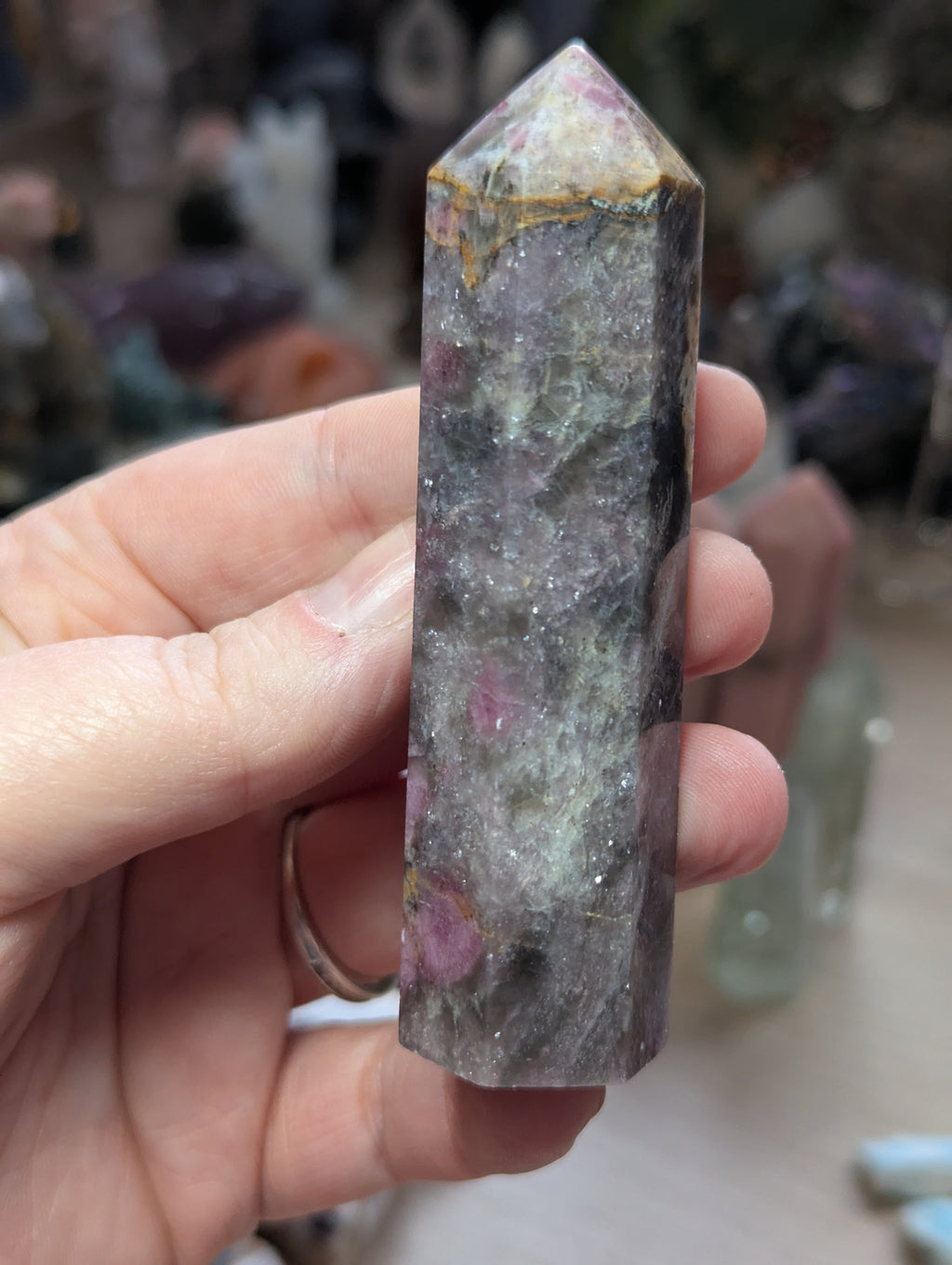 Unicorn stone crystal tower with lots of smokey quartz