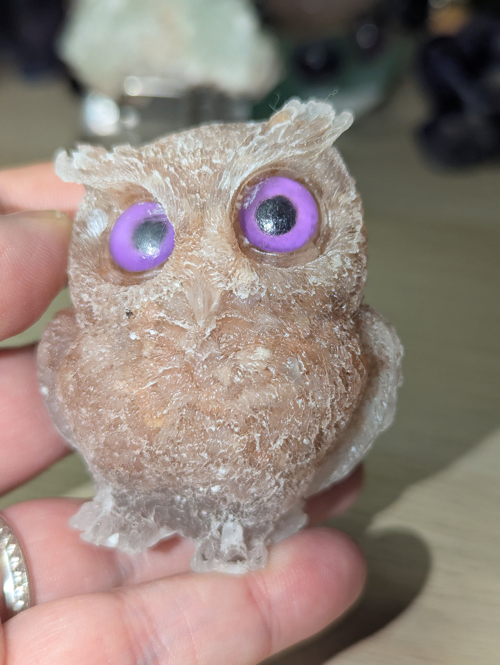 Sunstone crystal in resin owl