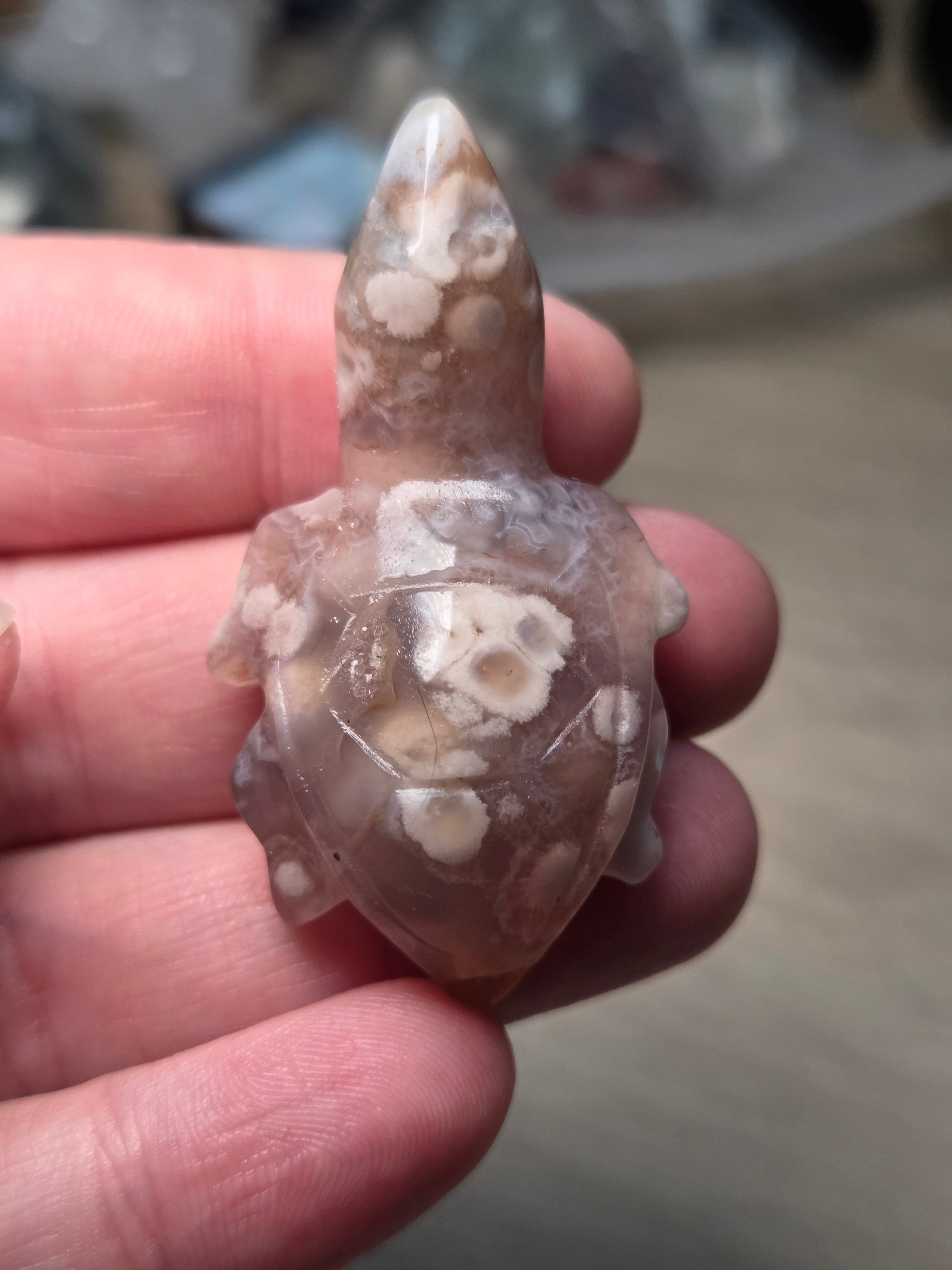 Flower agate crystal turtle carving  picked at random