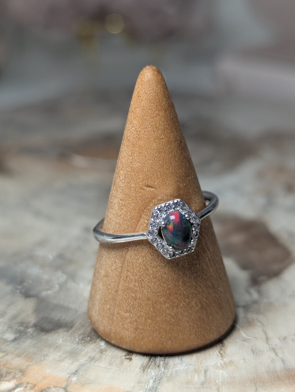 Black opal crystal adjustable ring - Silver