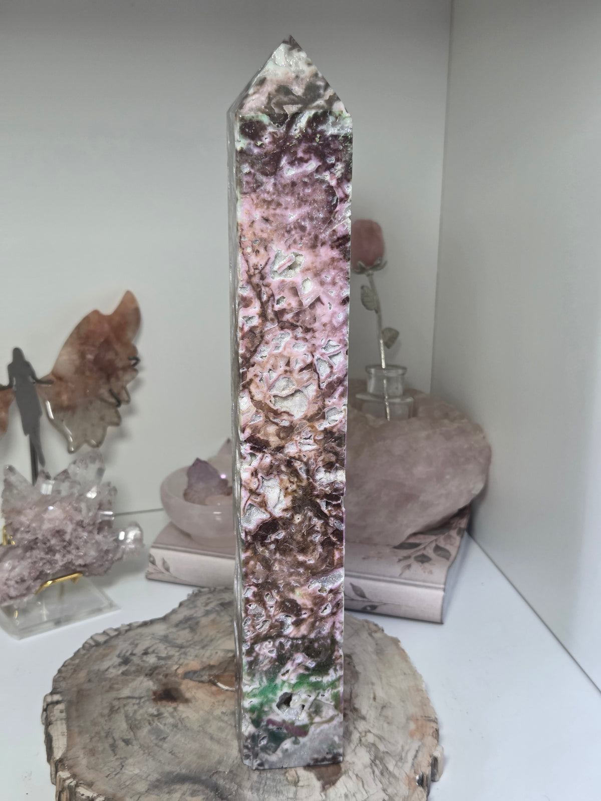 Aura coated Sphelerite crystal tower carving