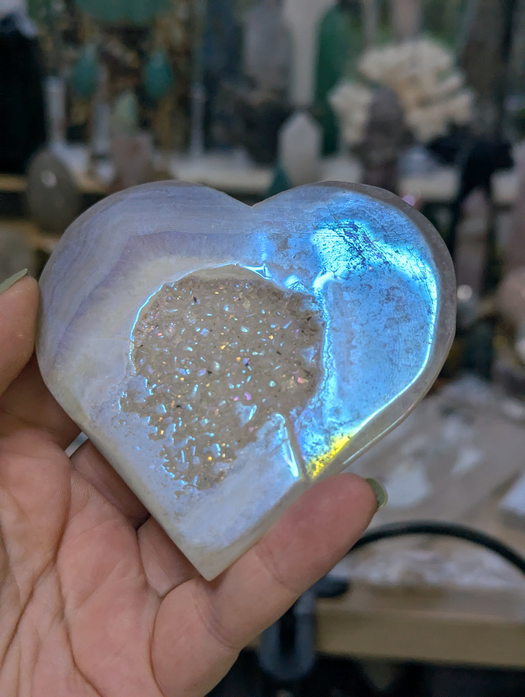 Aura agate crystal heart carving with Stand