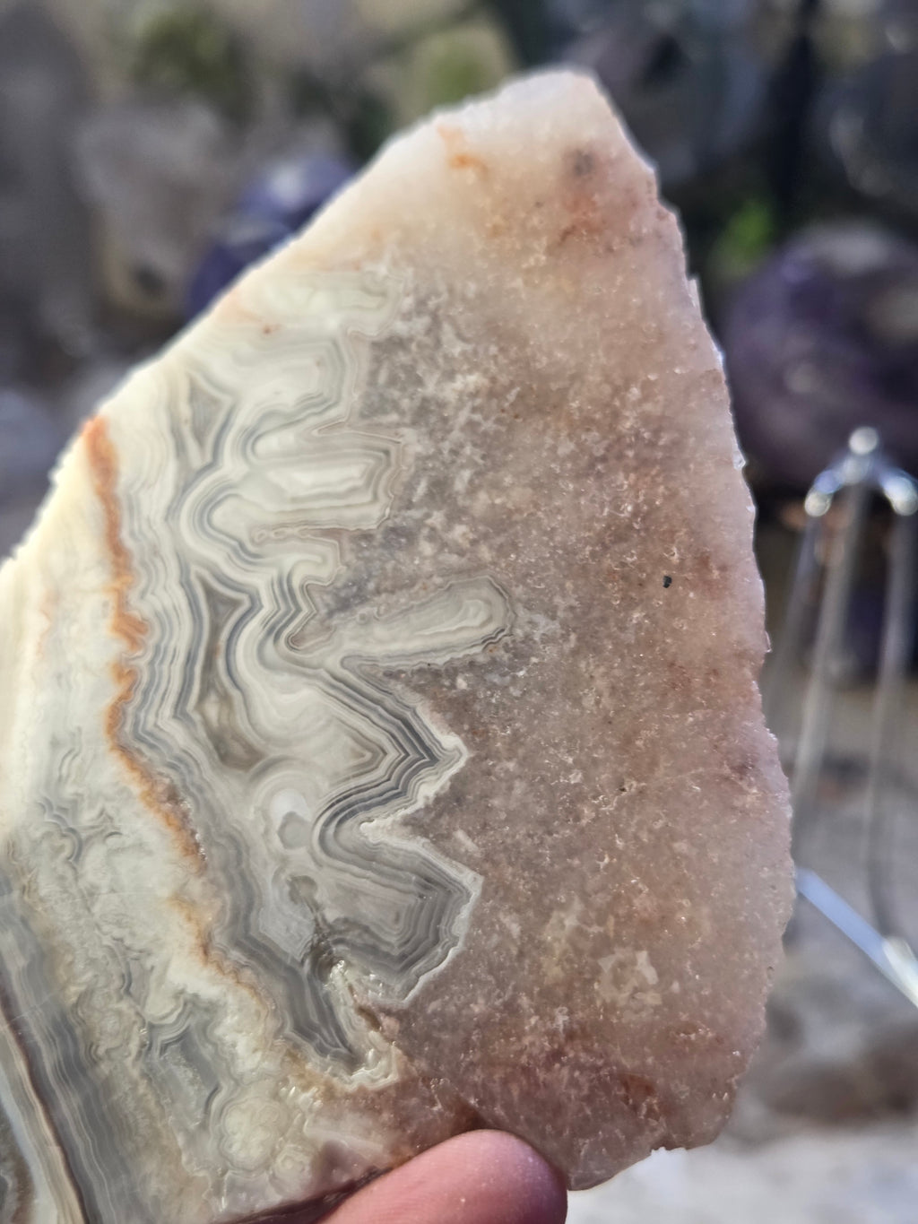 Crazy lace agate crystal slice  with pink amethyst