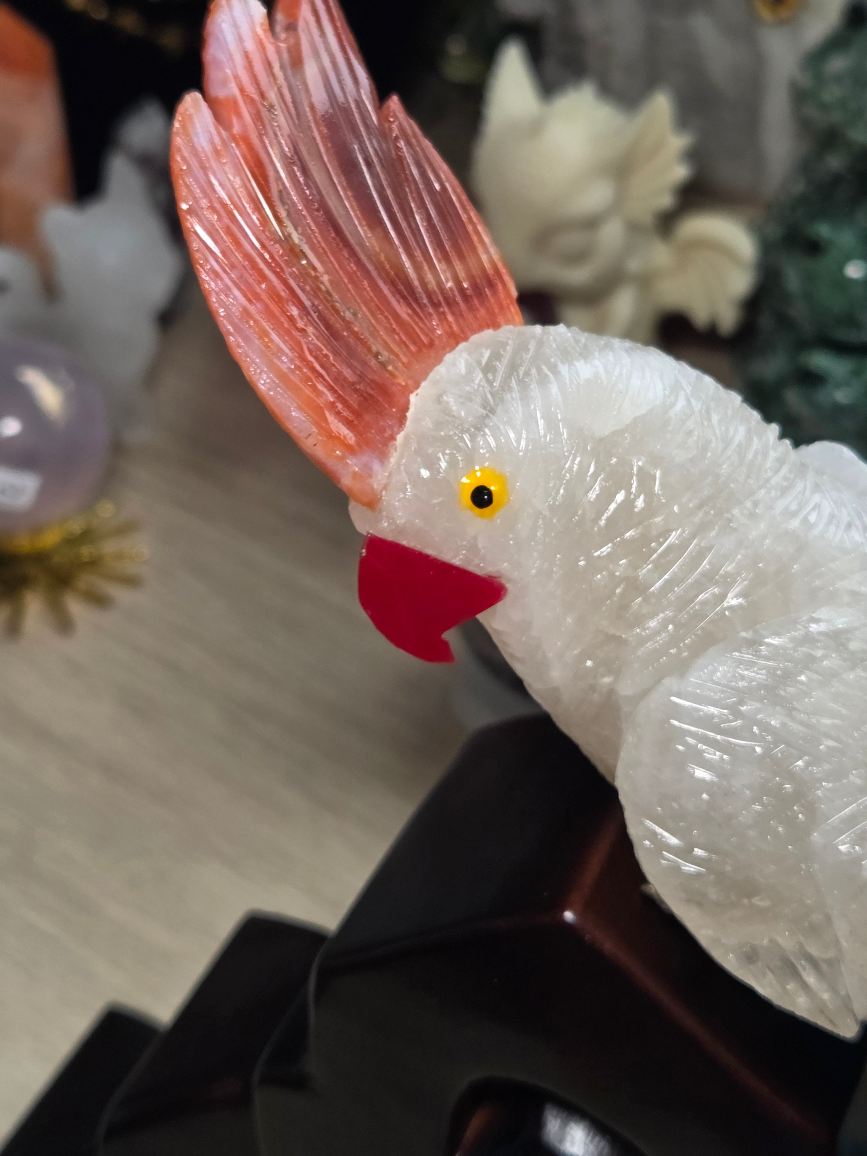 Amazing clear quartz crystal parrot with red agate and sodalite with custom stand