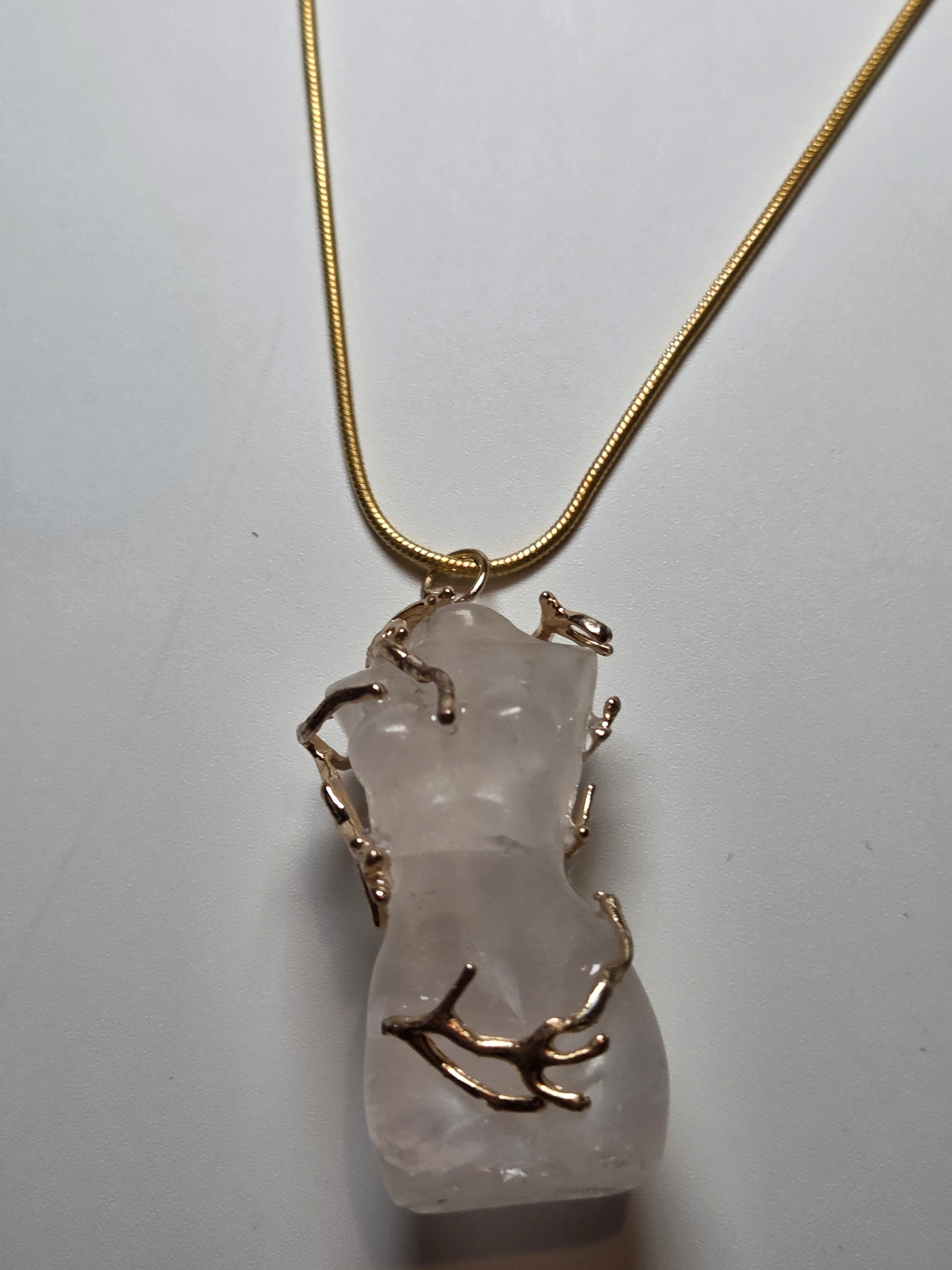 Rose quartz female body carving handmade necklace