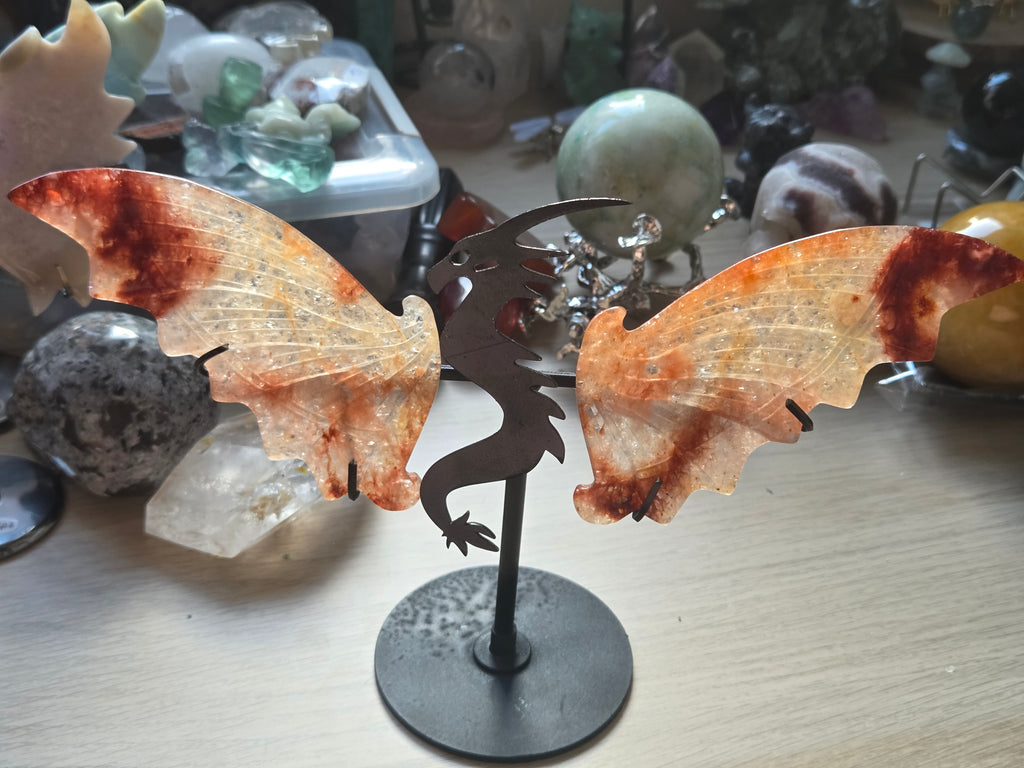 Amazing Fire Quartz crystal dragon wing carving