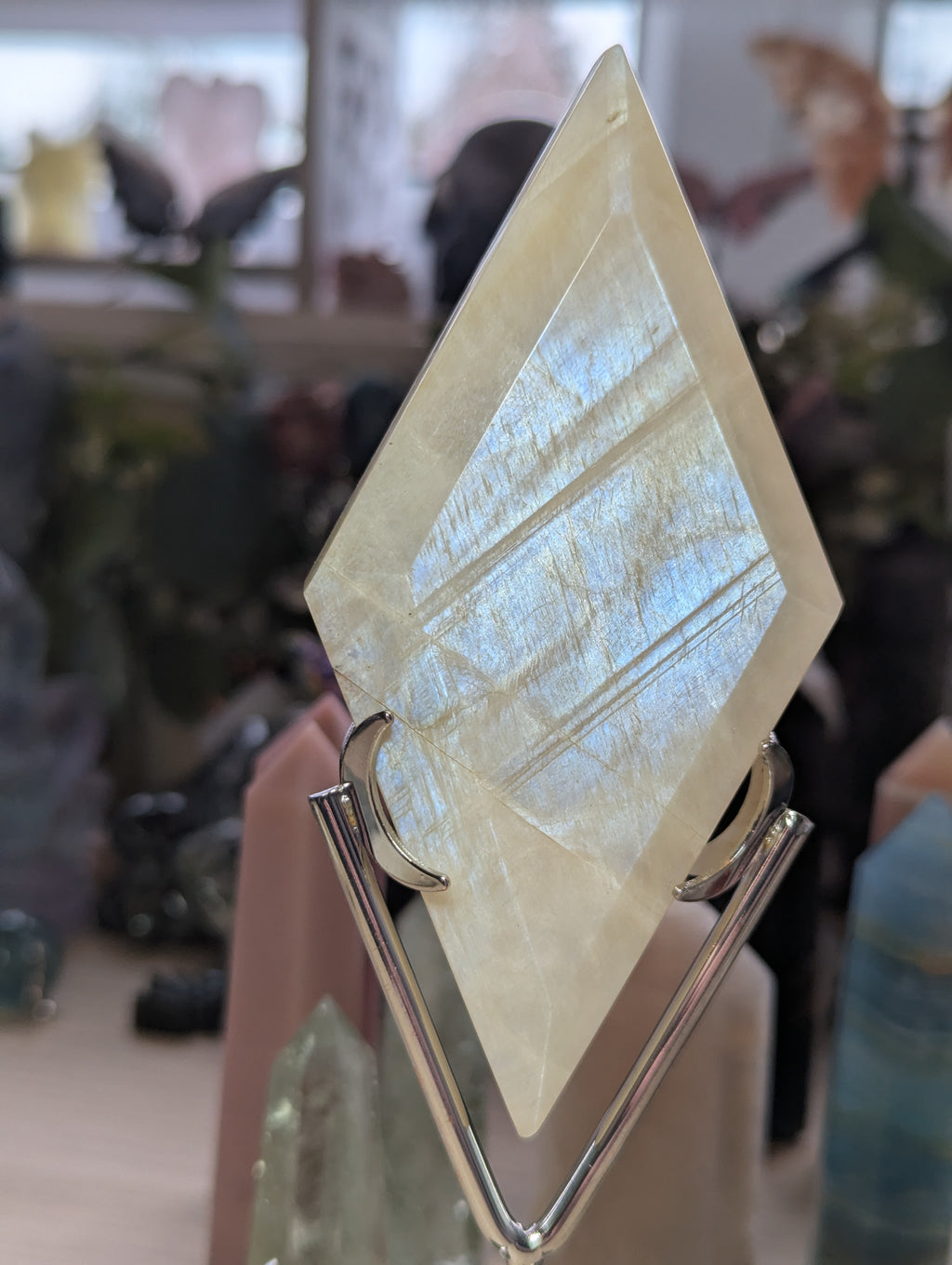 Rainbow moonstone crystal diamond crystal with Stand