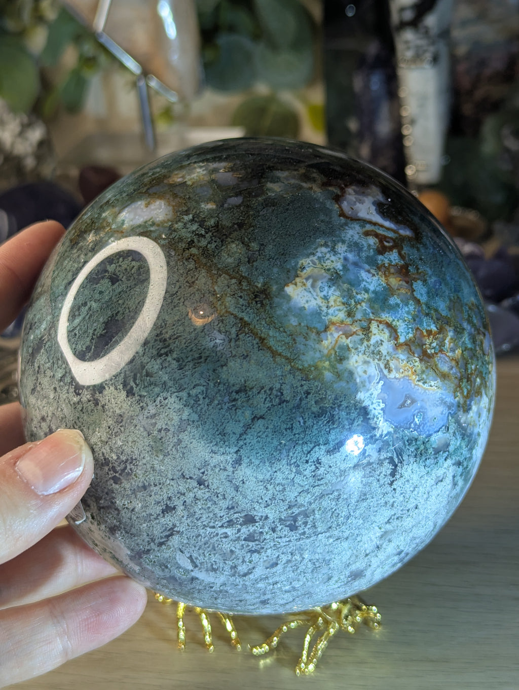 New 50% off on check out XL Moss Agate crystal sphere with stand over 13cm