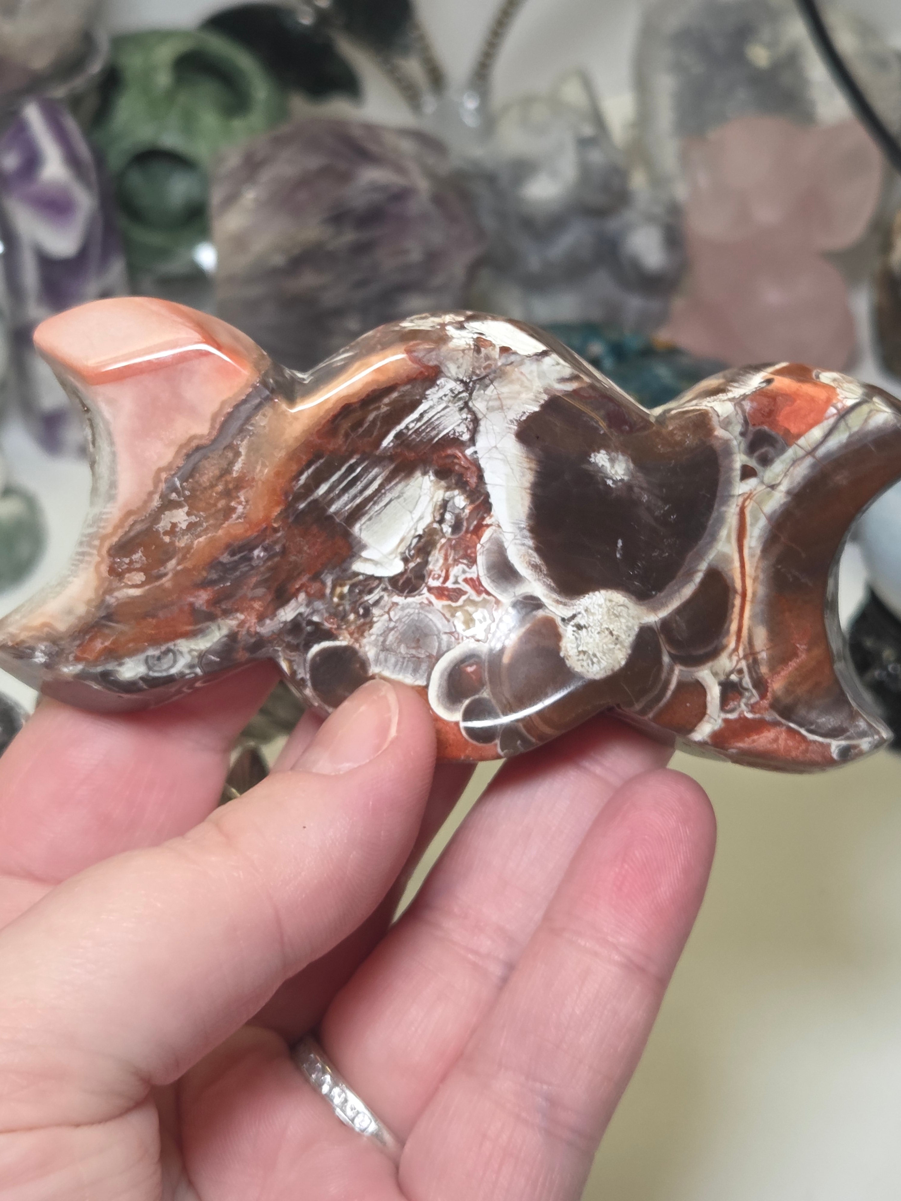 Money agate crystal  triple moon dish carving