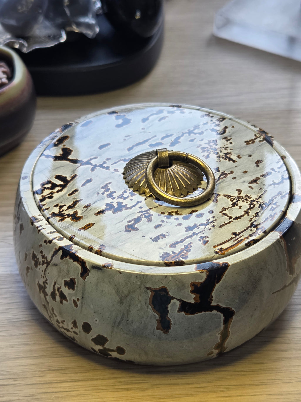 Picture Jasper crystal trinket dish with lid