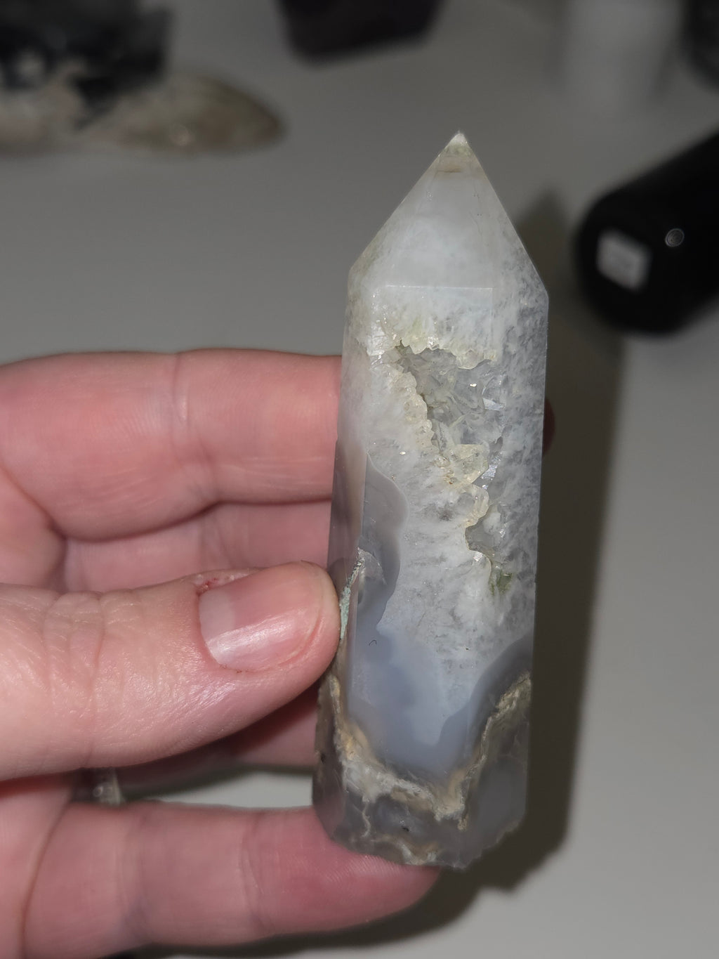 Moss agate crystal tower carving