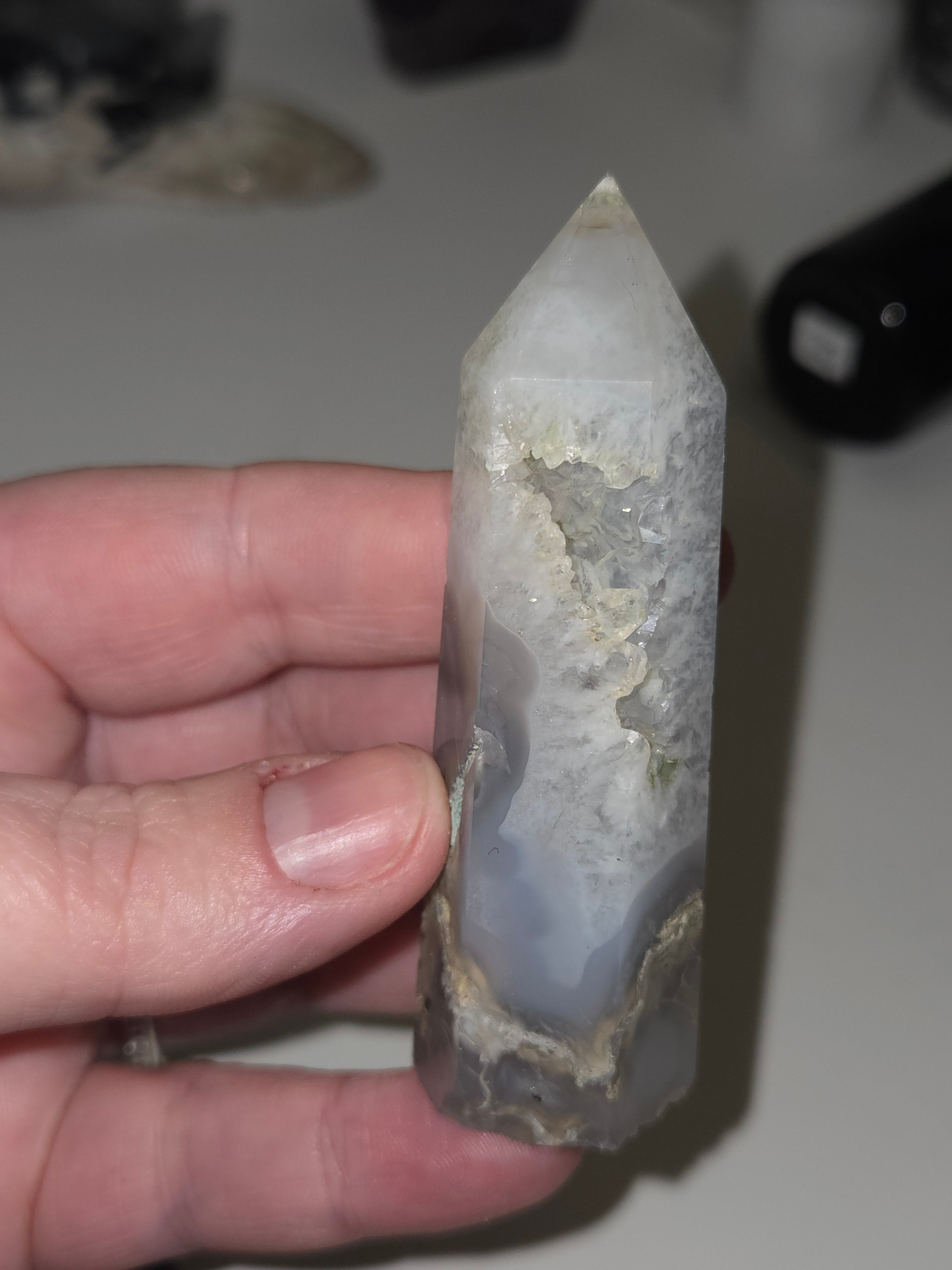 Moss agate crystal tower carving