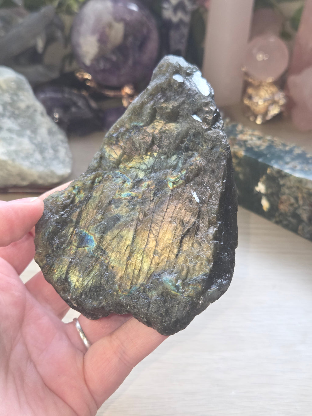 Large labidorite crystal raw crystal with Stand