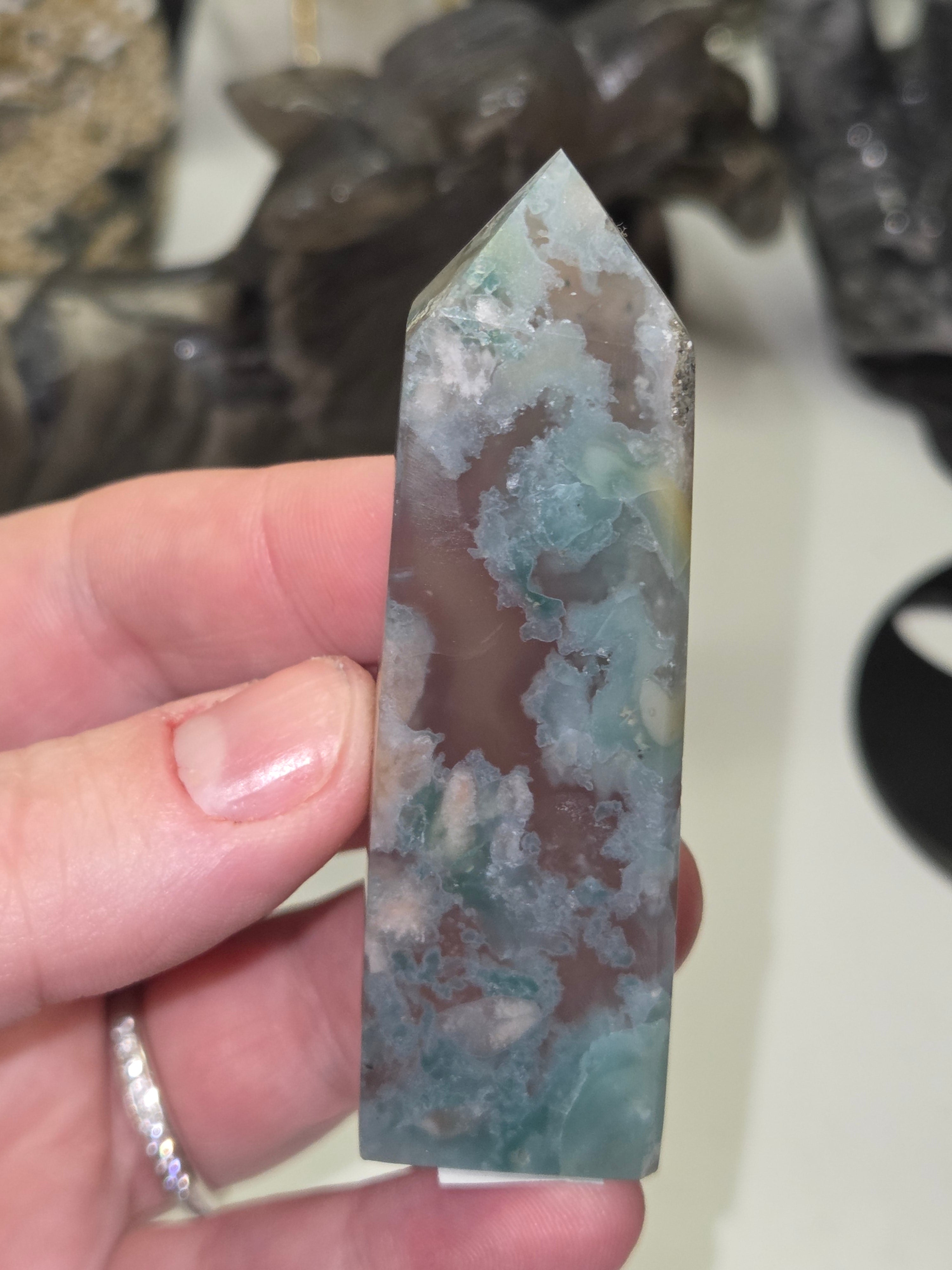 Beautiful blue flower agate crystal tower