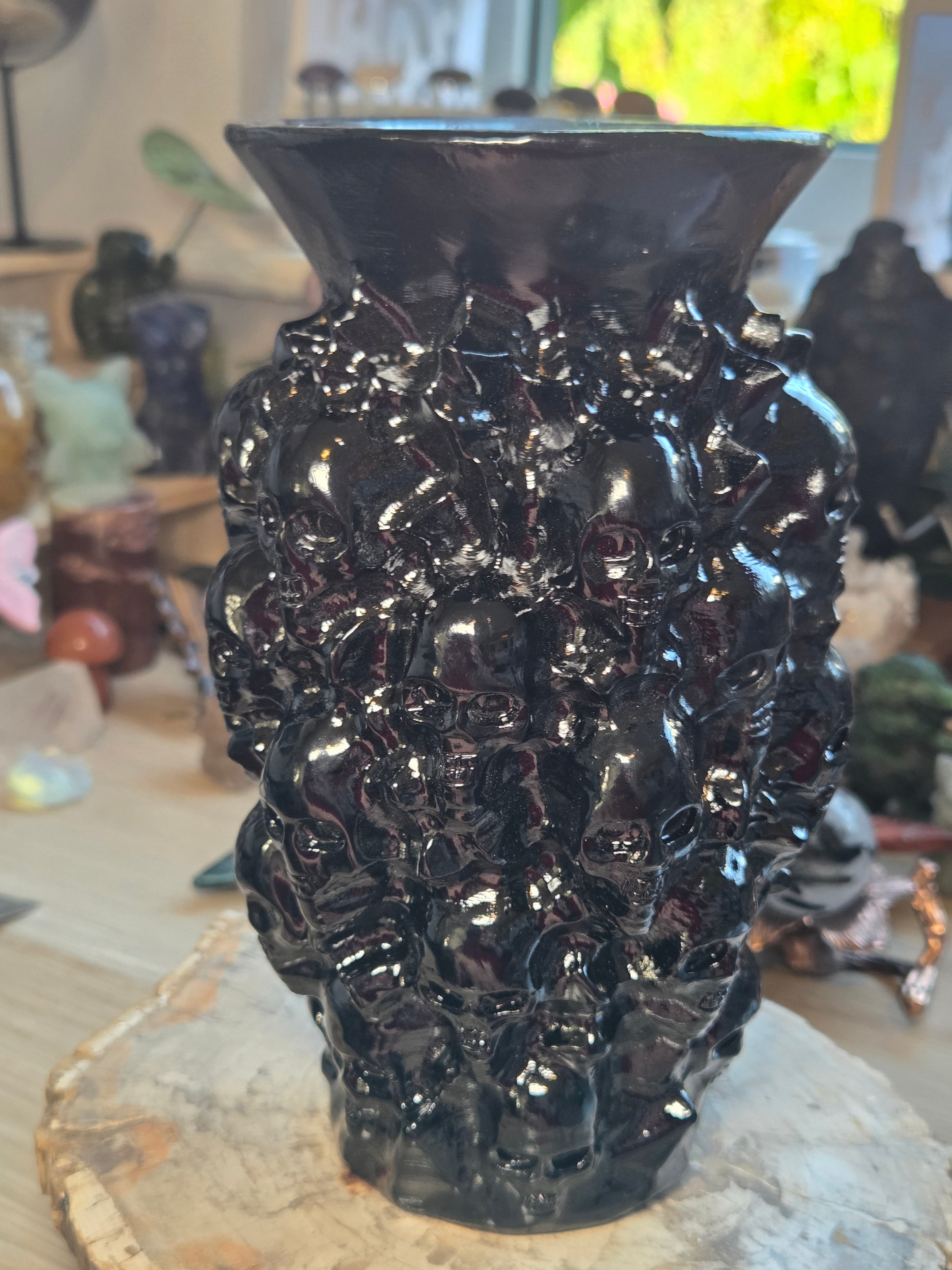 Hand-Carved Black Onyx Skull Vase