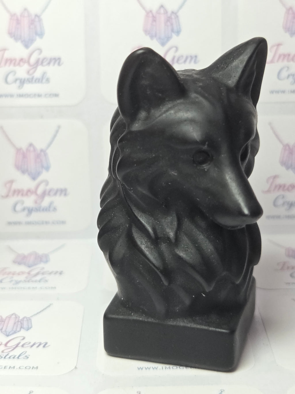 Obsidian crystal wolf head carving