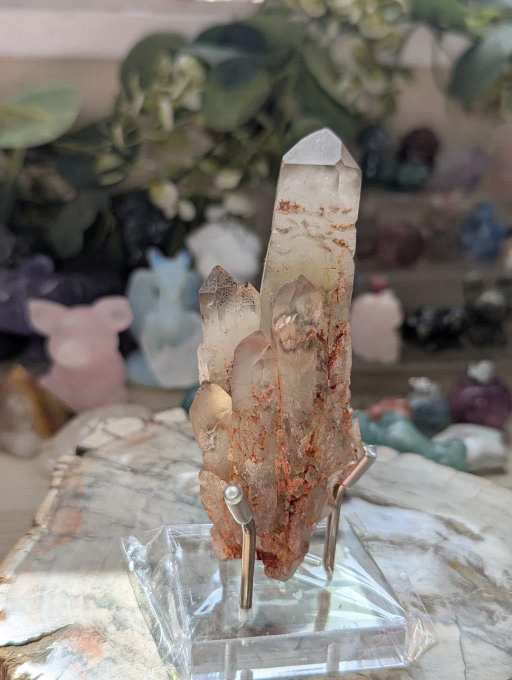 Amazing raw smokey Citrein crystal tower with stand