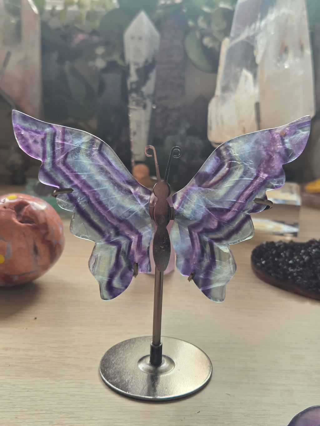Rainbow flourite crystal butterfly carving