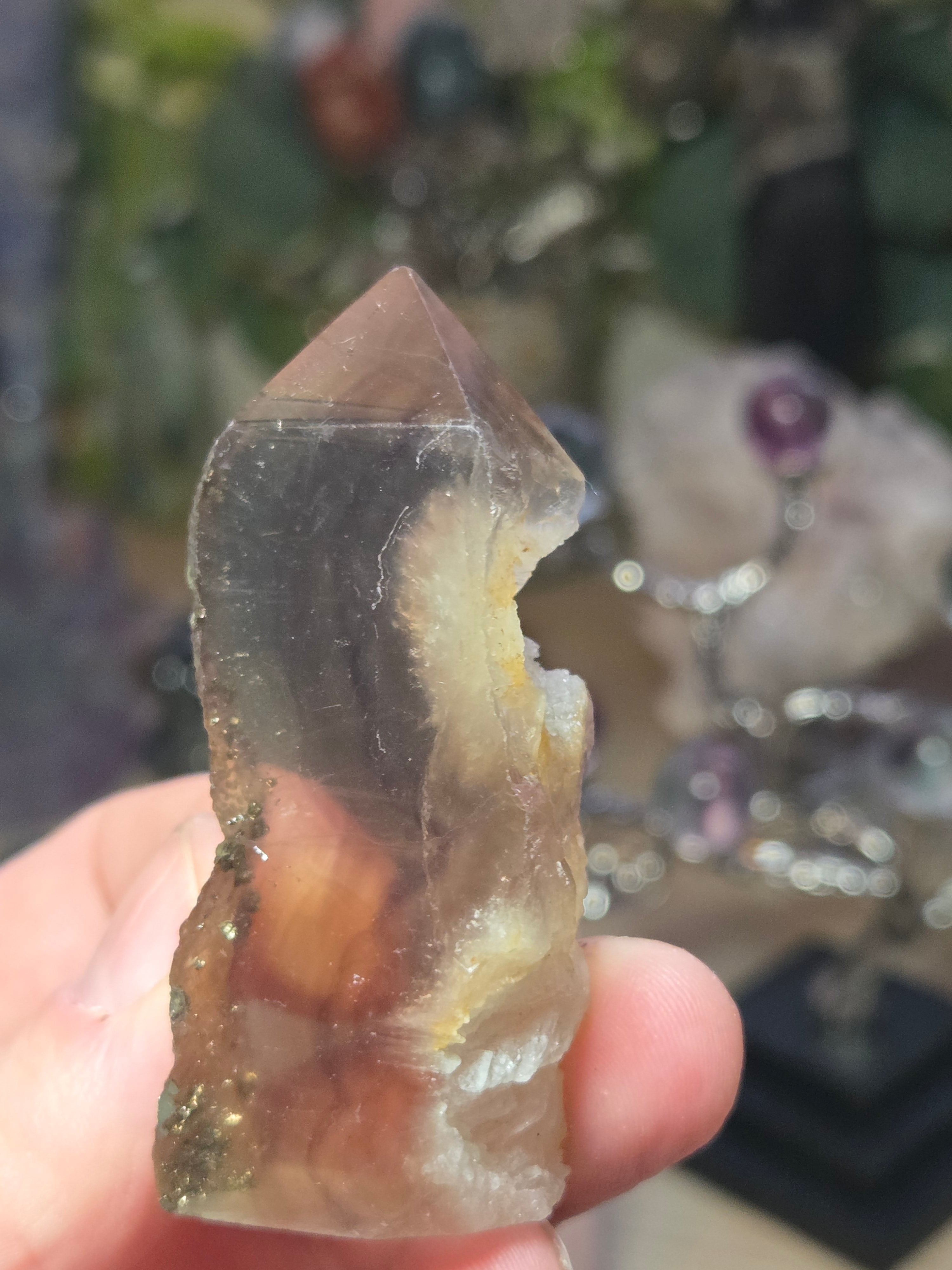 Raw Flourite crystal tower with pyrite