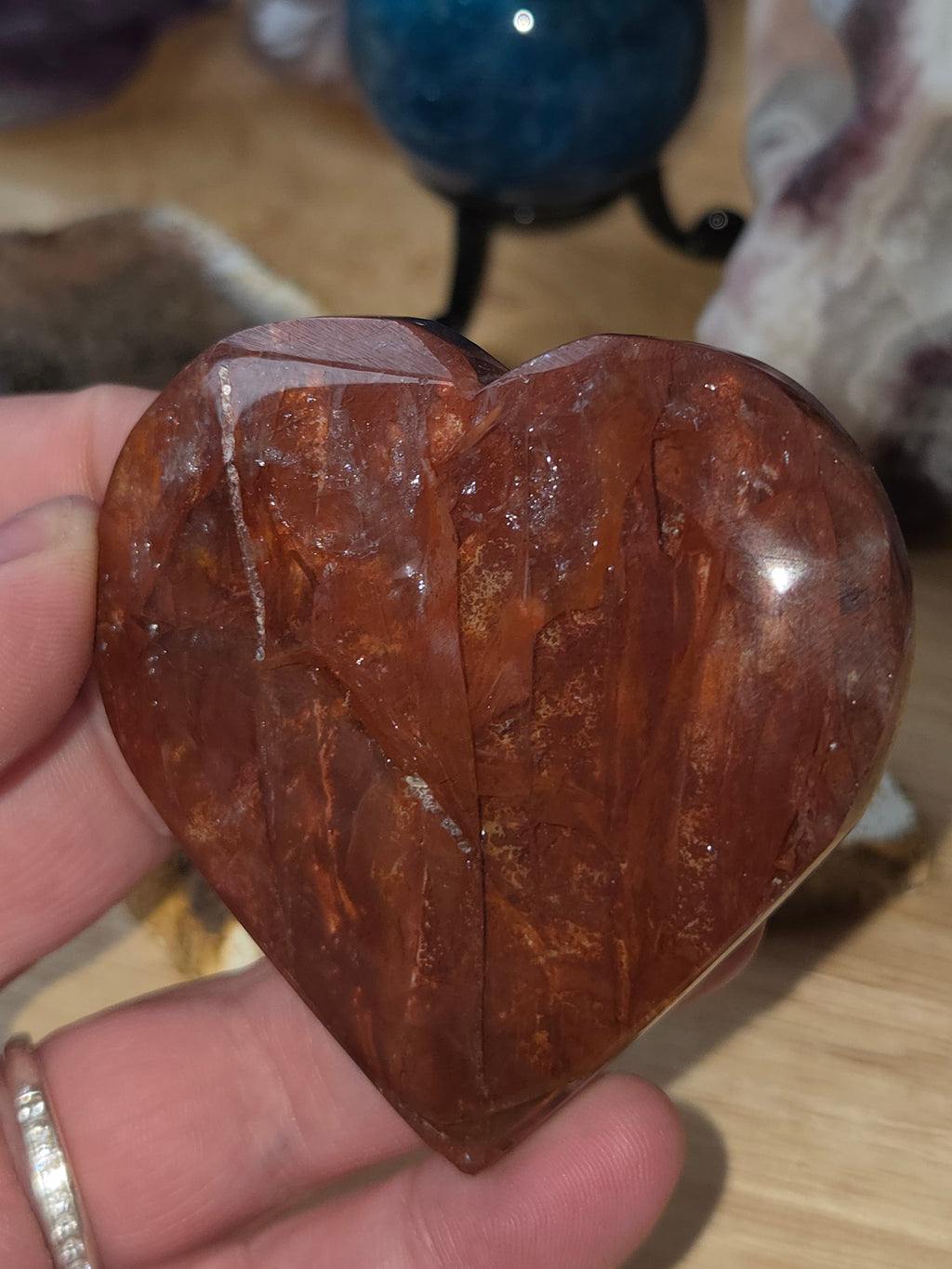 Fire quartz crystal heart carving with stand