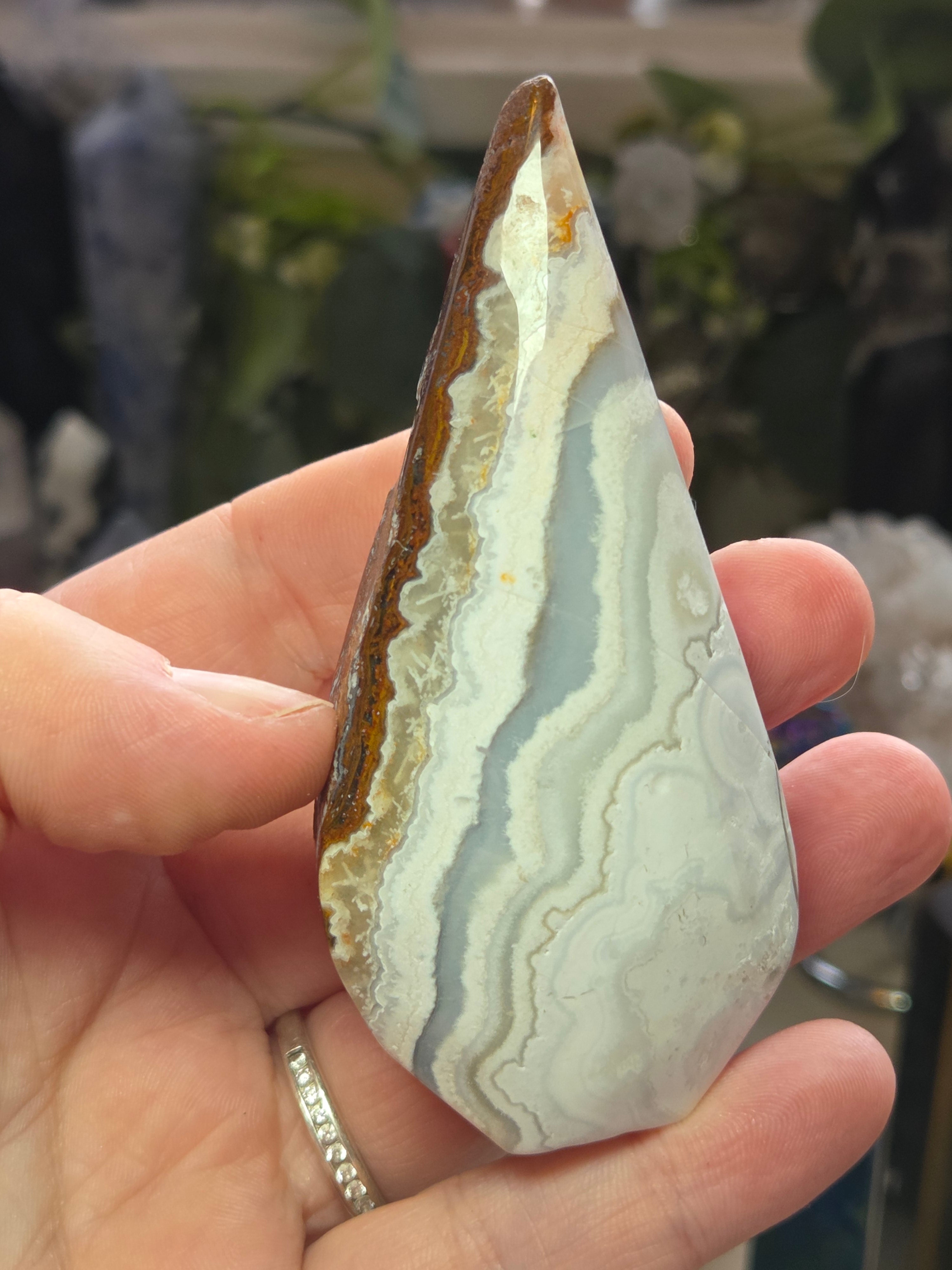 Crazy Lace agate crystal tear drop carving