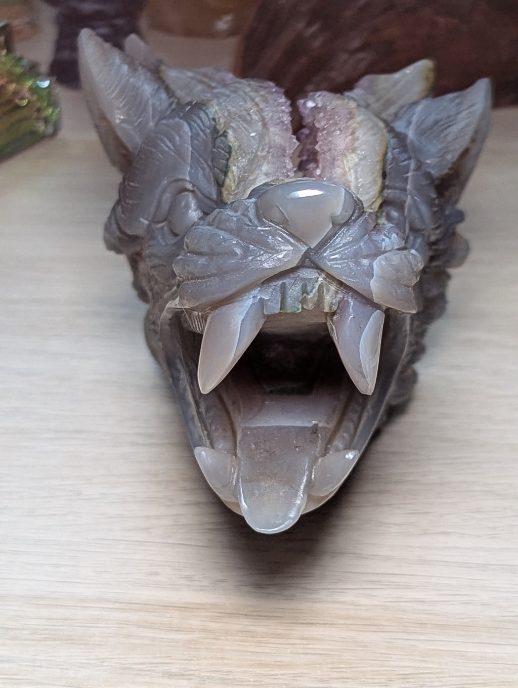 Large Amethyst Agate crystal Wolf carving