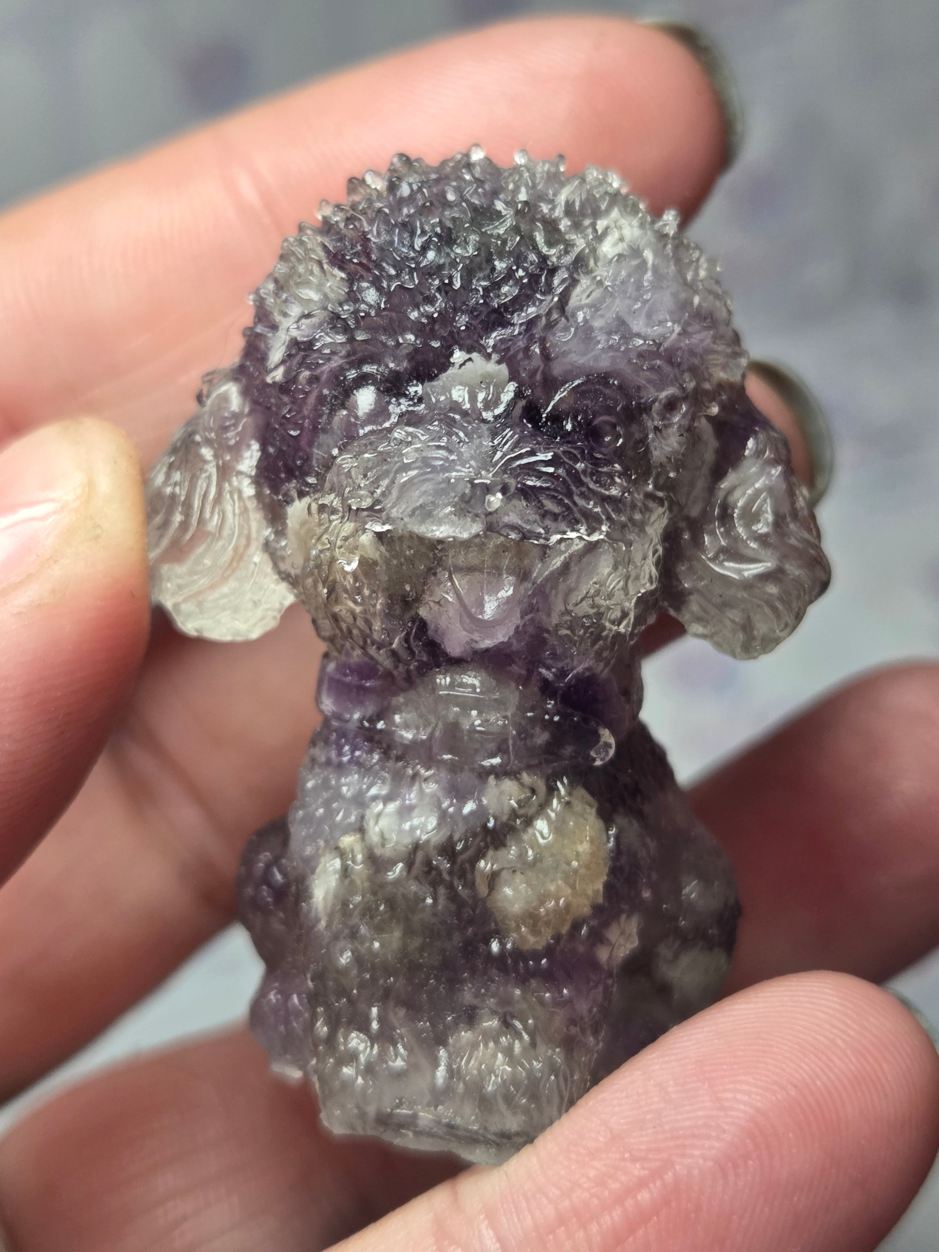 Amethyst crystal chips teddy dog carving