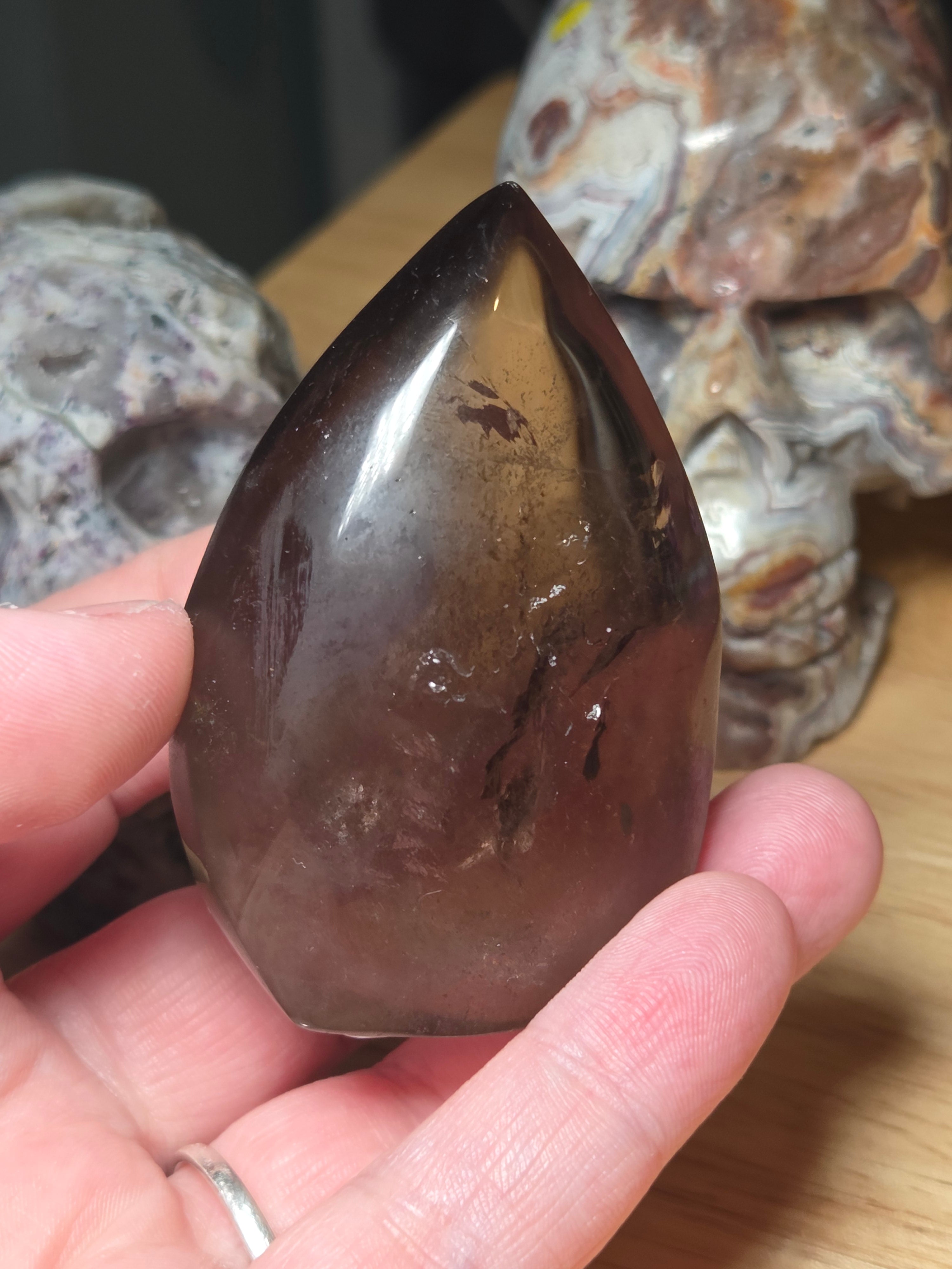 Smokey quartz crystal tear drop carving