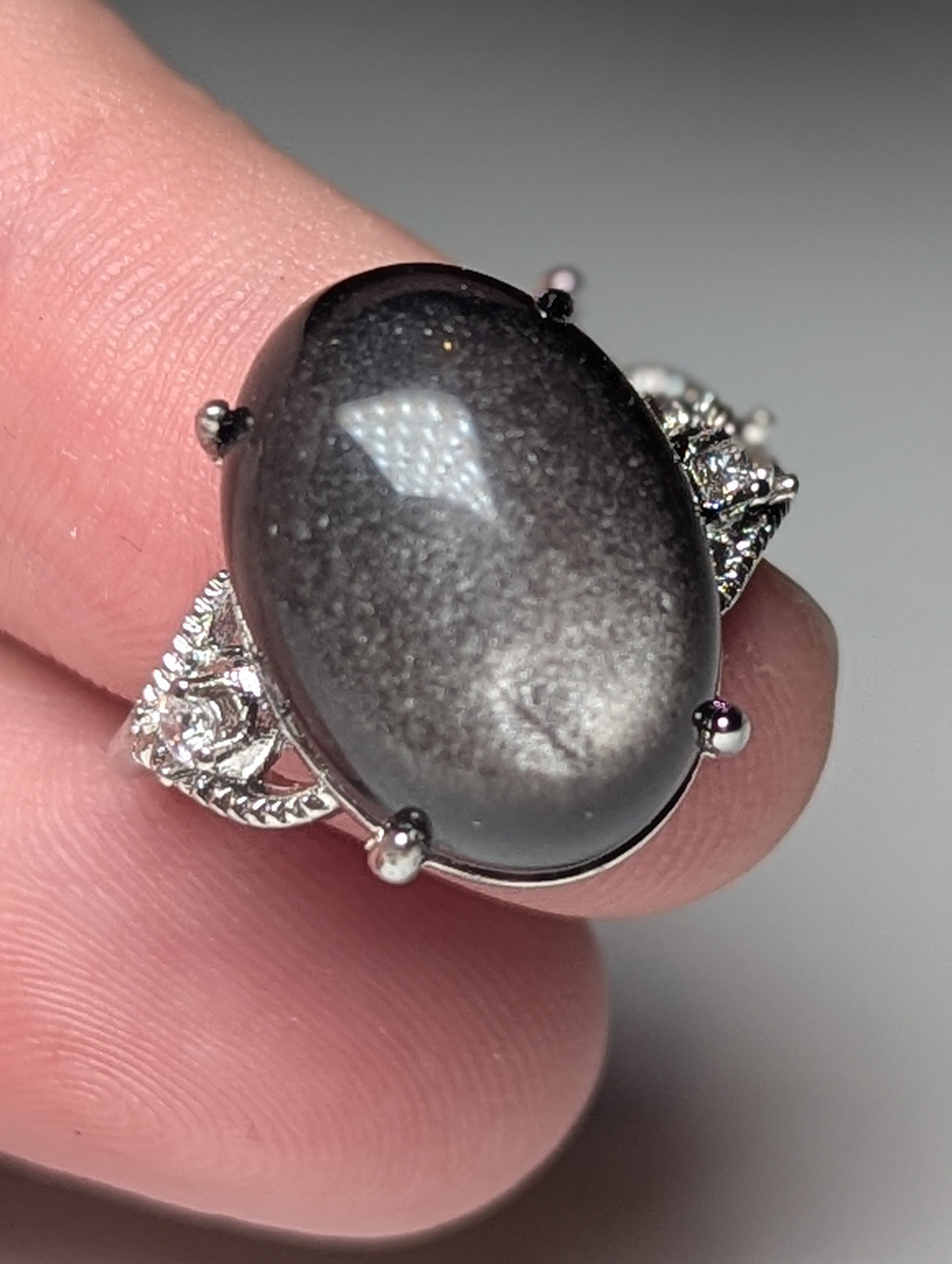 Silver sheen obsidian crystal adjustable ring