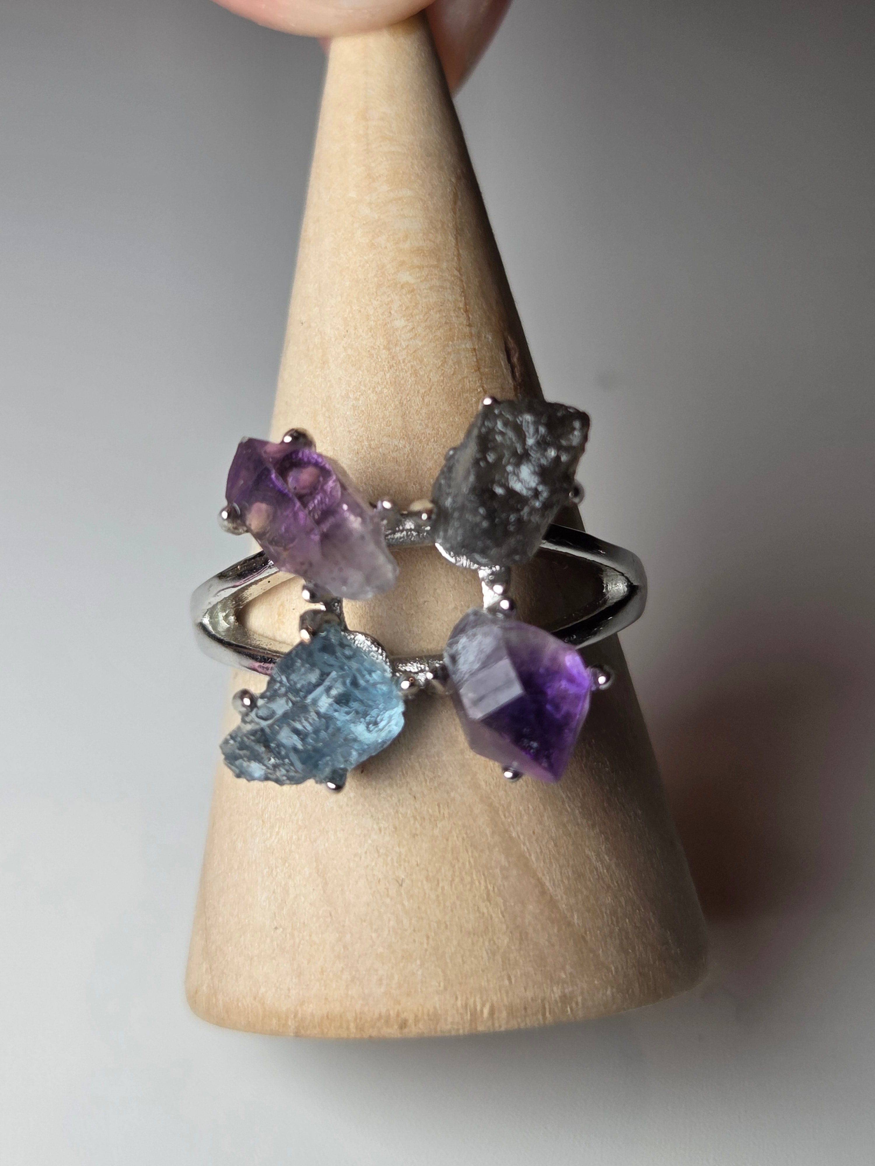 Aquamarine super 7 and heckimeer Diamond crystal adjustable ring