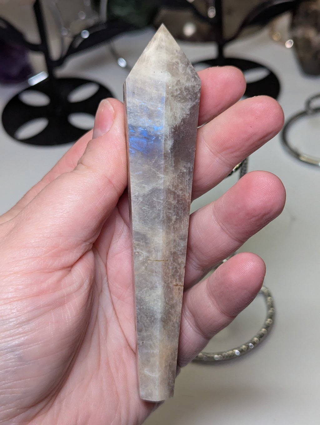 Sunstone and moonstone crystal wand with stand