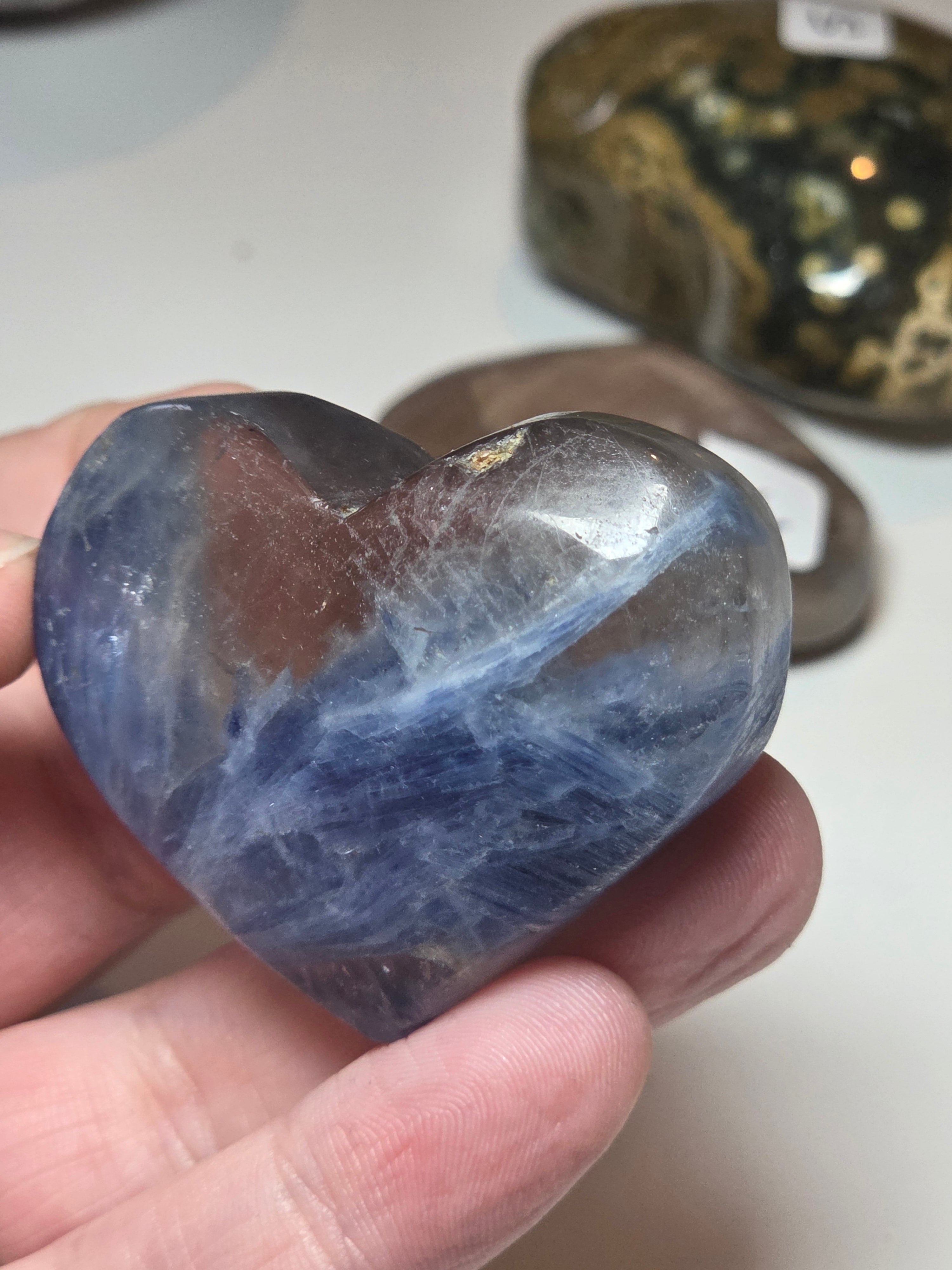 Blue kyanite crystal heart with smokey quartz