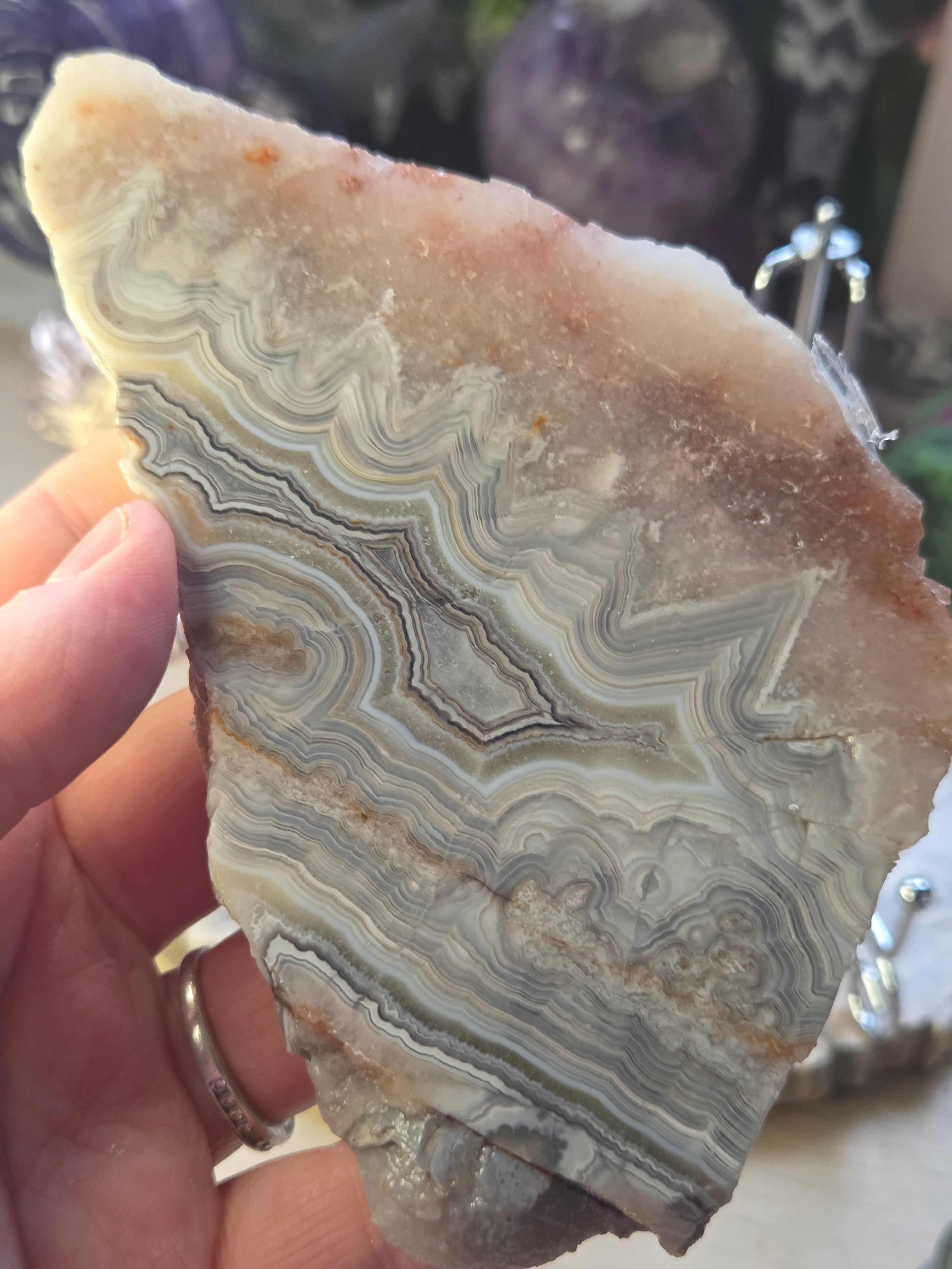 Mexican crazy lace agate with pink amethyst with stand