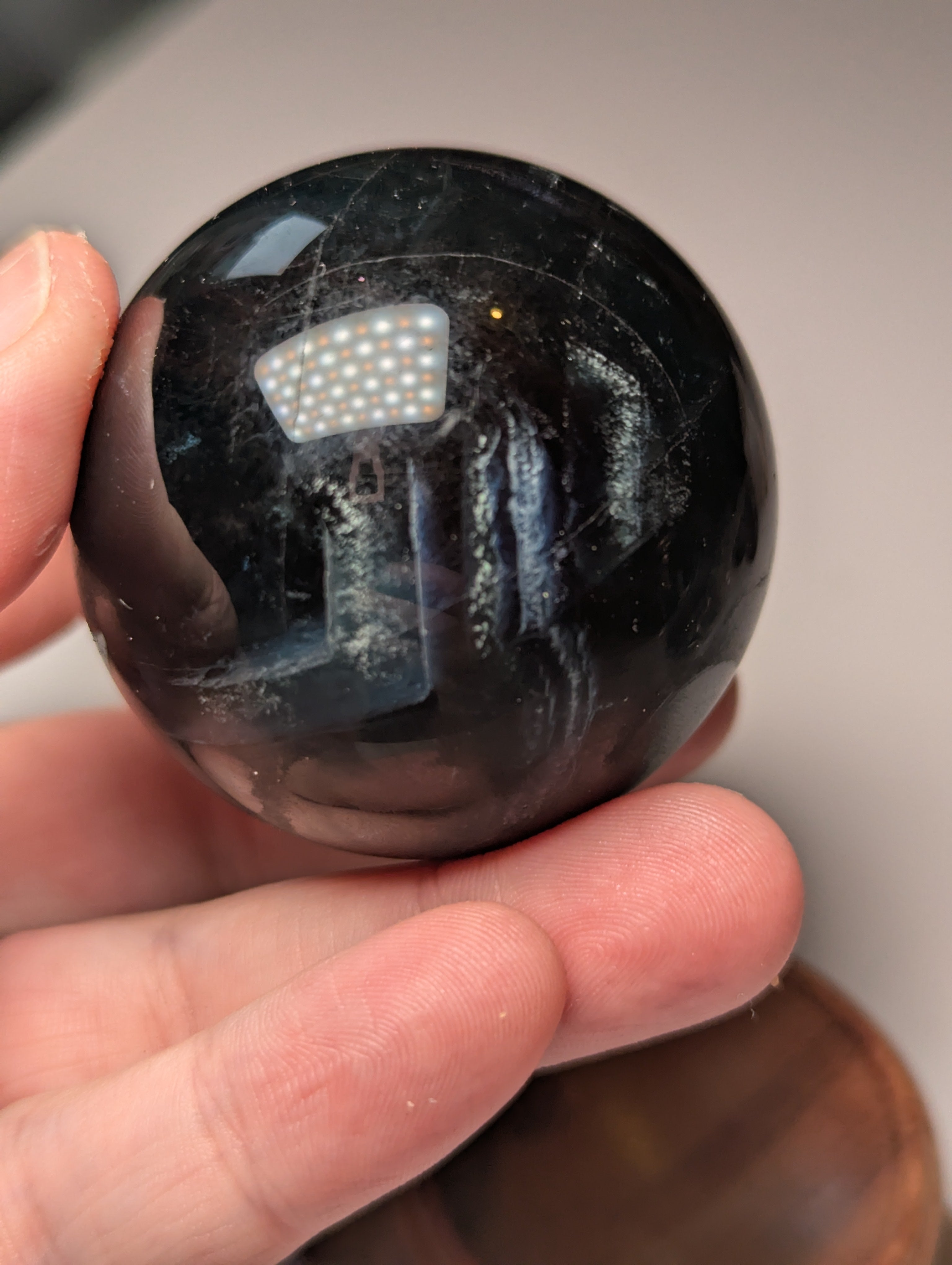 Black rose flourite crystal sphere with stand UV reactive