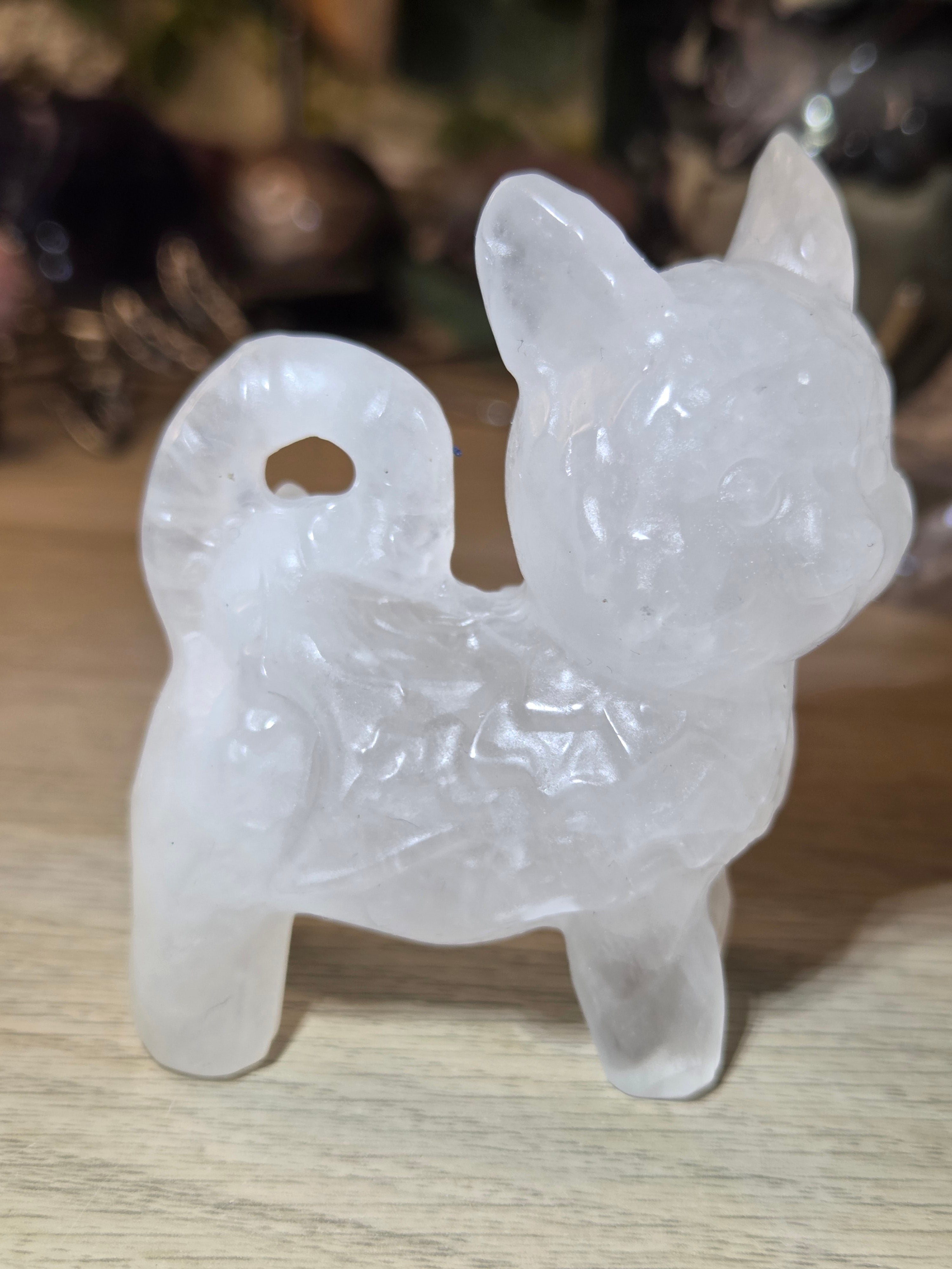 Clear quartz crystal cat carving
