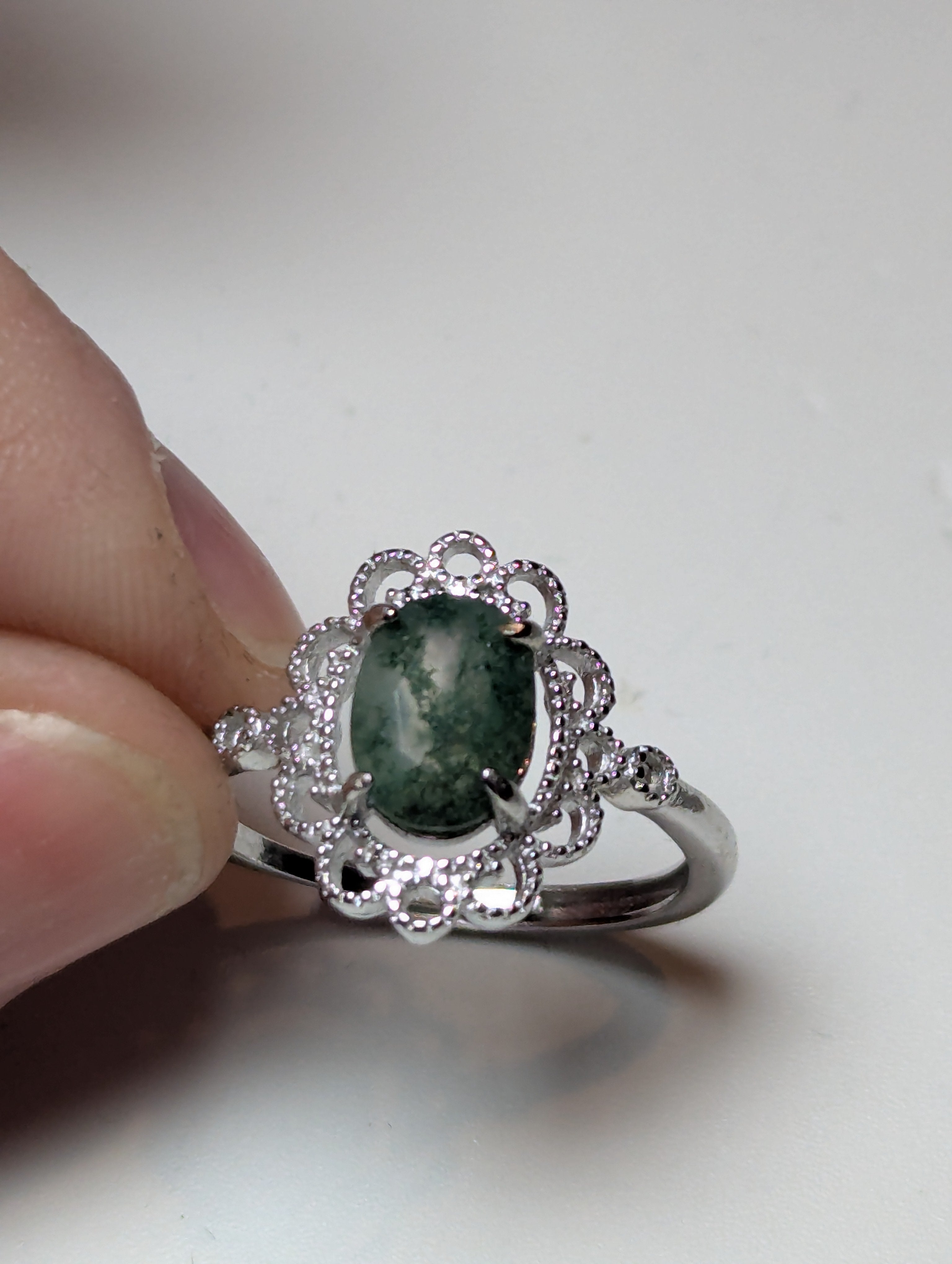 Moss Agate crystal Adjustable ring stainless steel