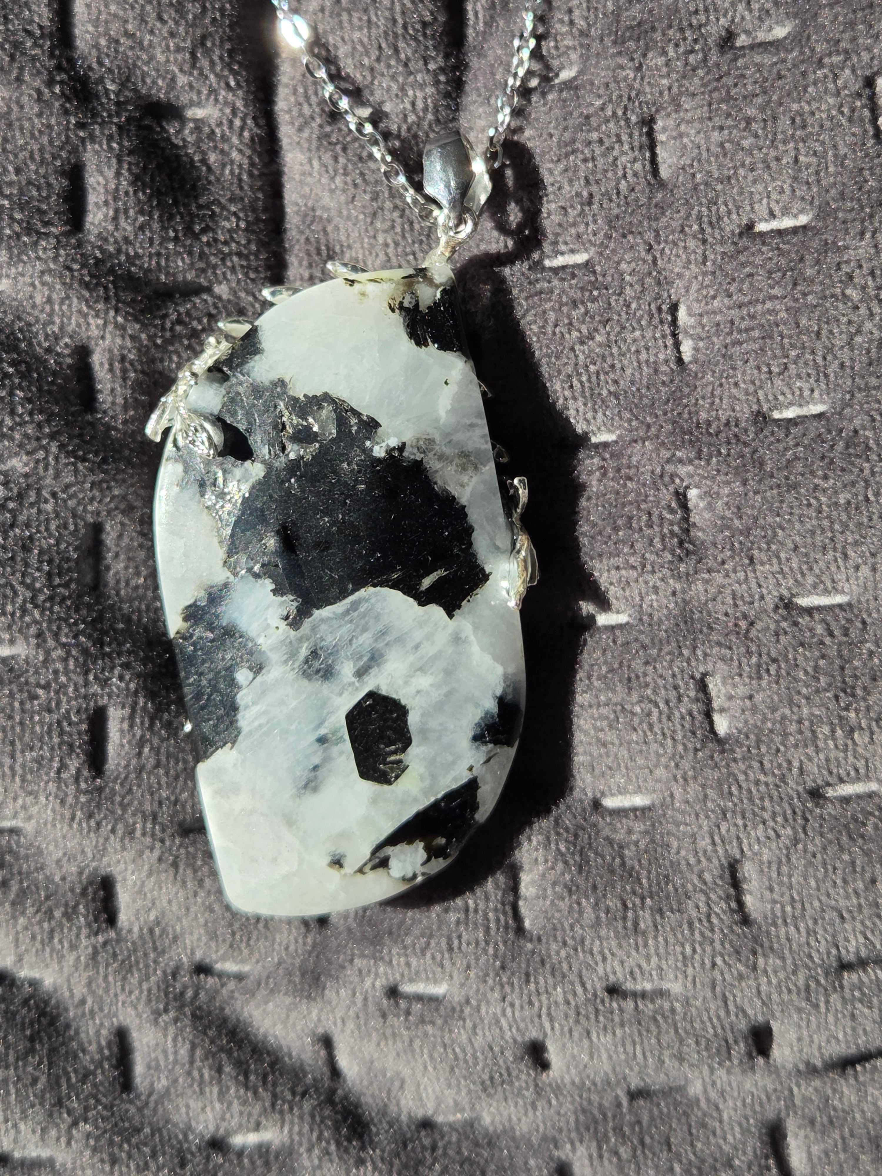 Large pendant rainbow moonstone crystal necklace