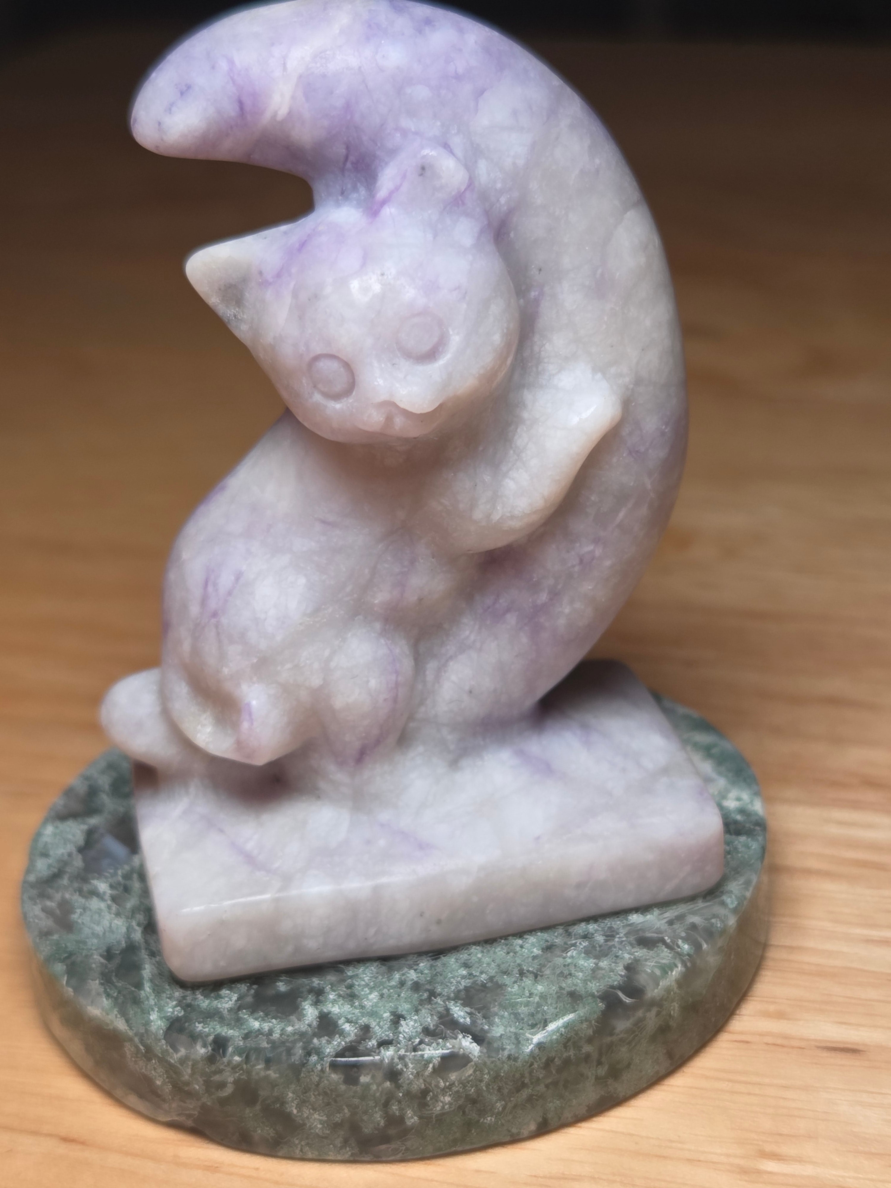 Purple turquoise crystal cat and moon carving