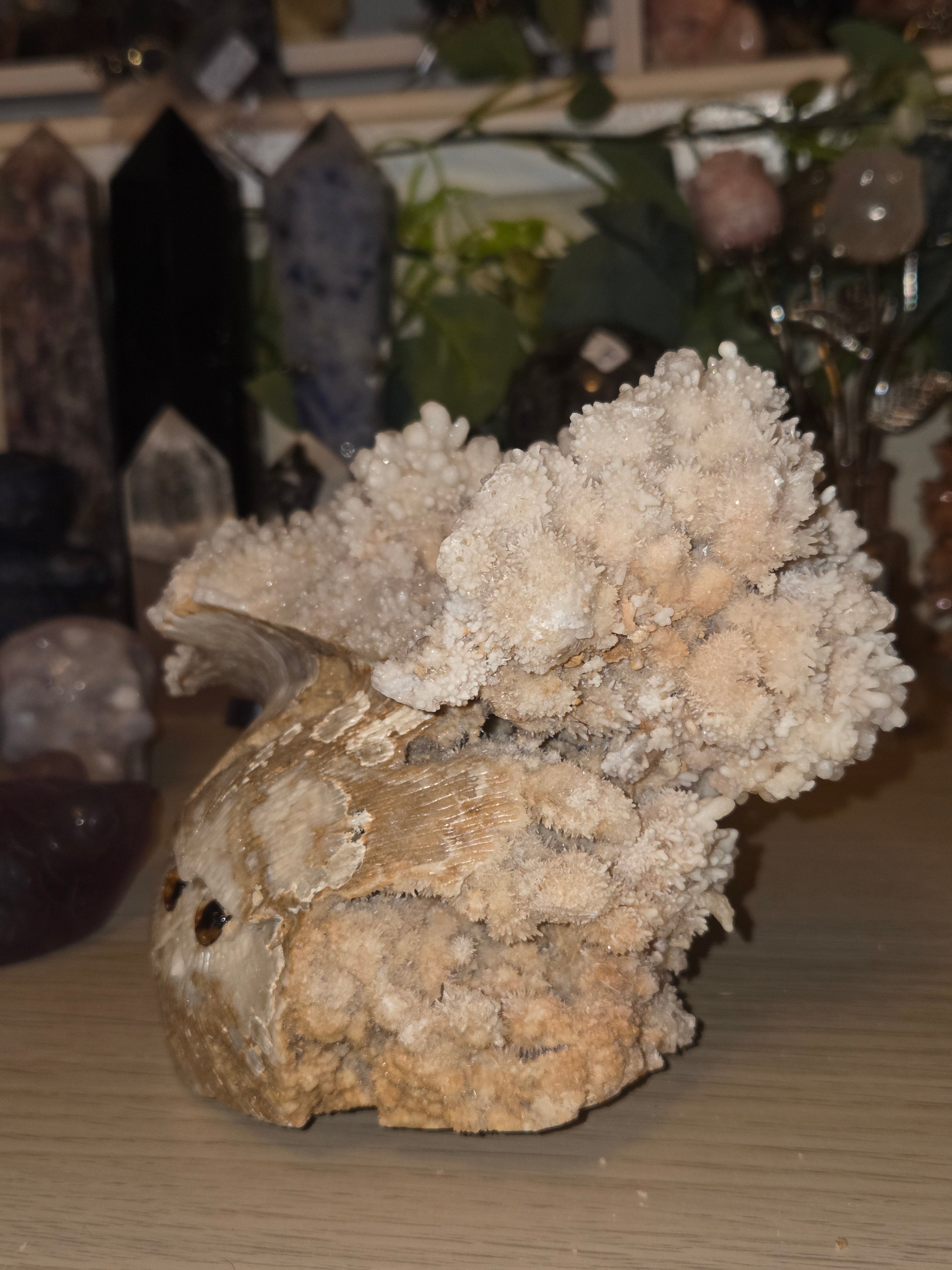 Selestite crystal owl carving