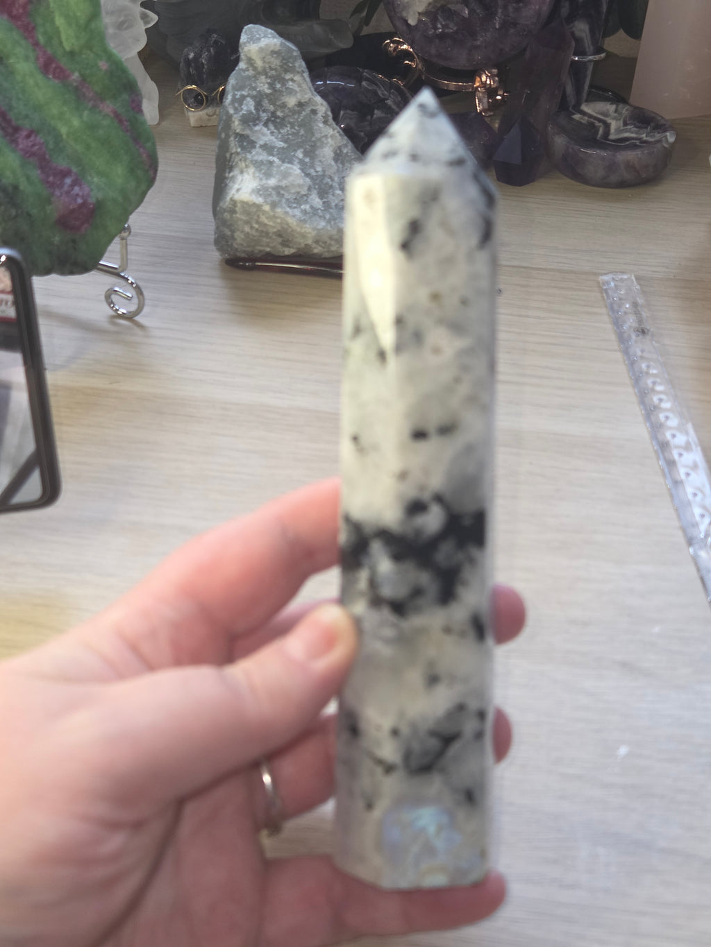 Rainbow moonstone crystal tower carving