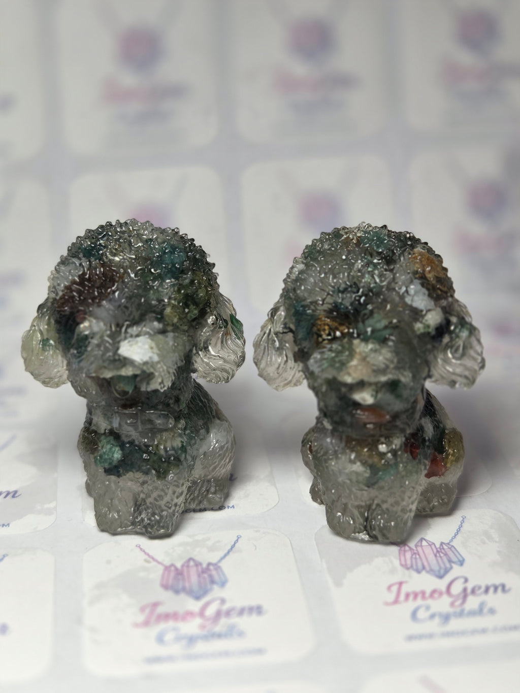 Moss agate crystal teddy dogs  set of 2