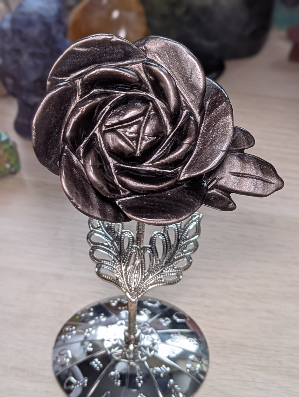Silver sheen obsidian crystal rose carving with stand