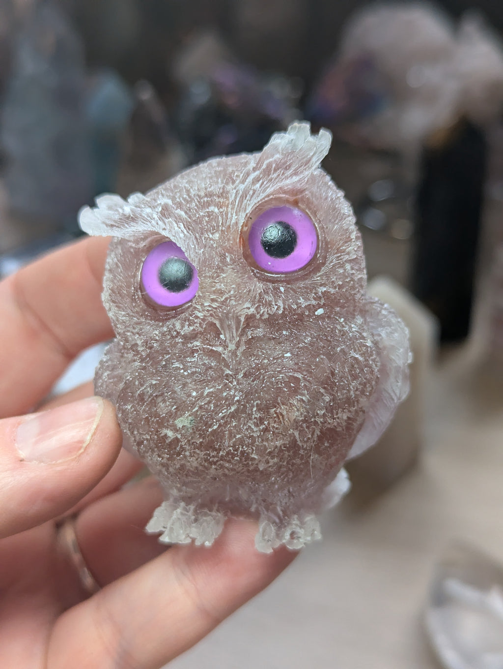 Strawberry quartz in resin crystal owl carving