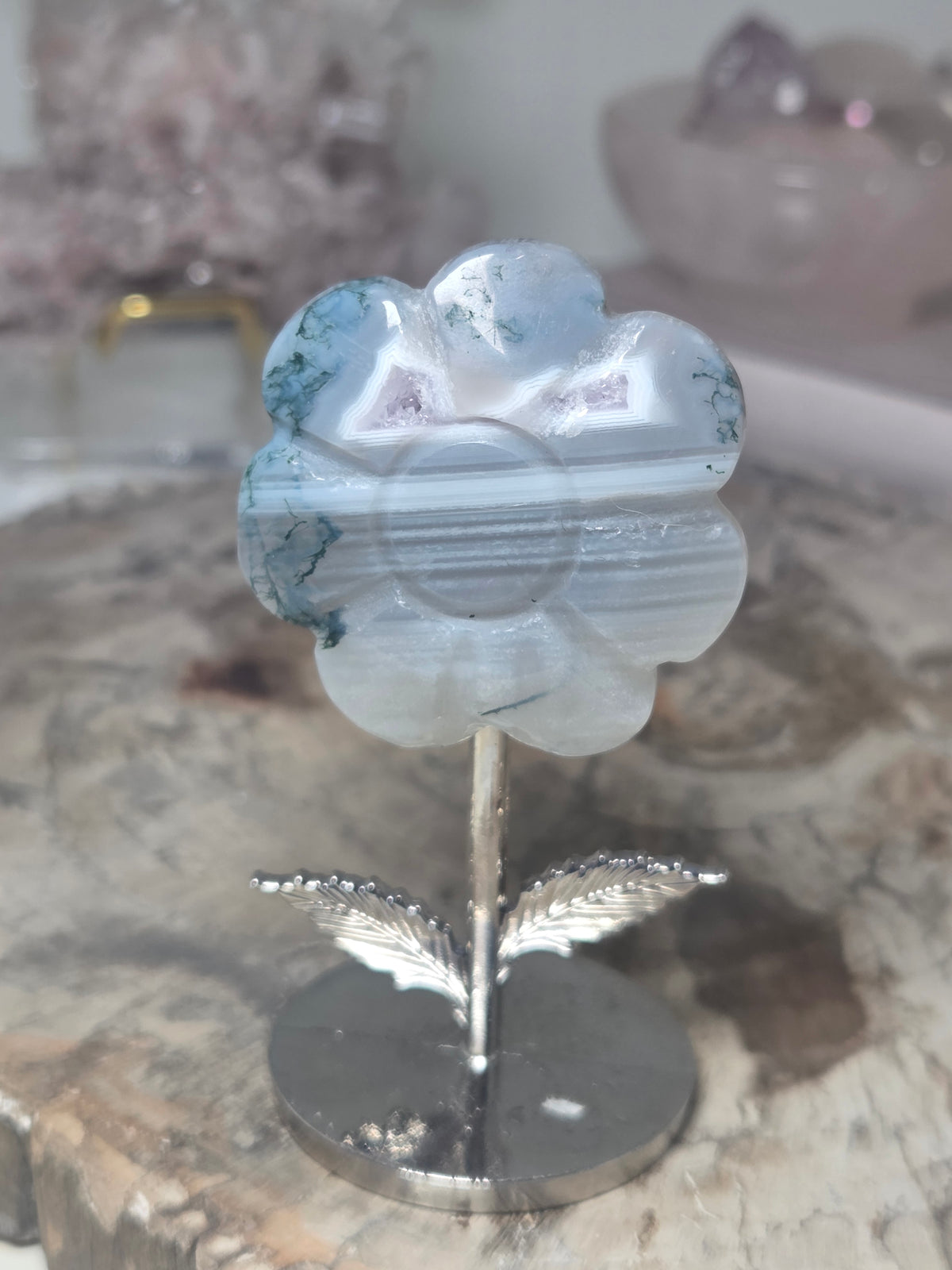 Moss agate with amethyst Druzy flower
