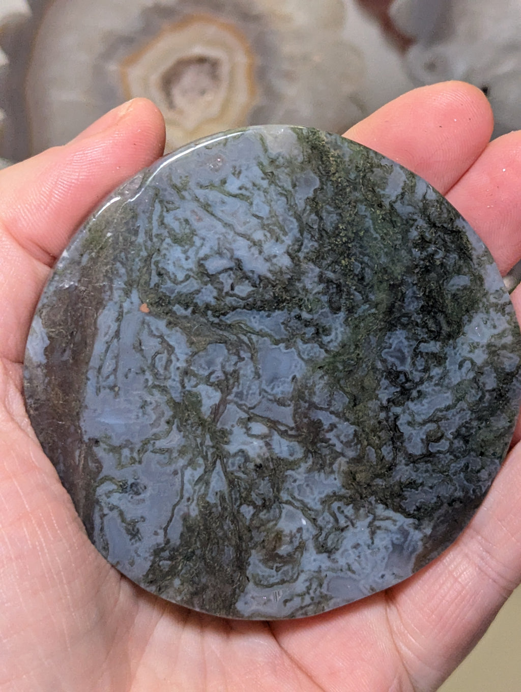 Blue moss agate crystal slice